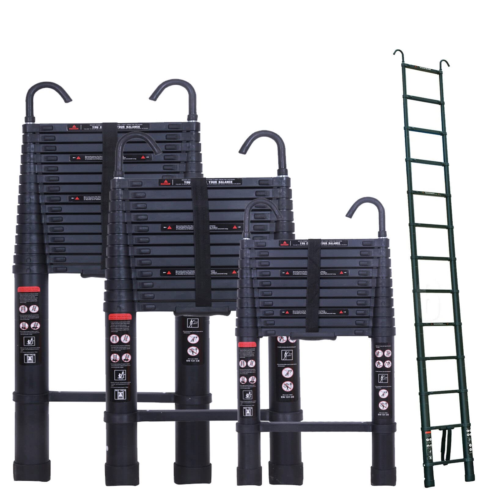 Escalera telescópica de aluminio de 3,2 m con 2 ganchos, antideslizante, con 11 peldaños, para exteriores e interiores, 150 kg, color negro