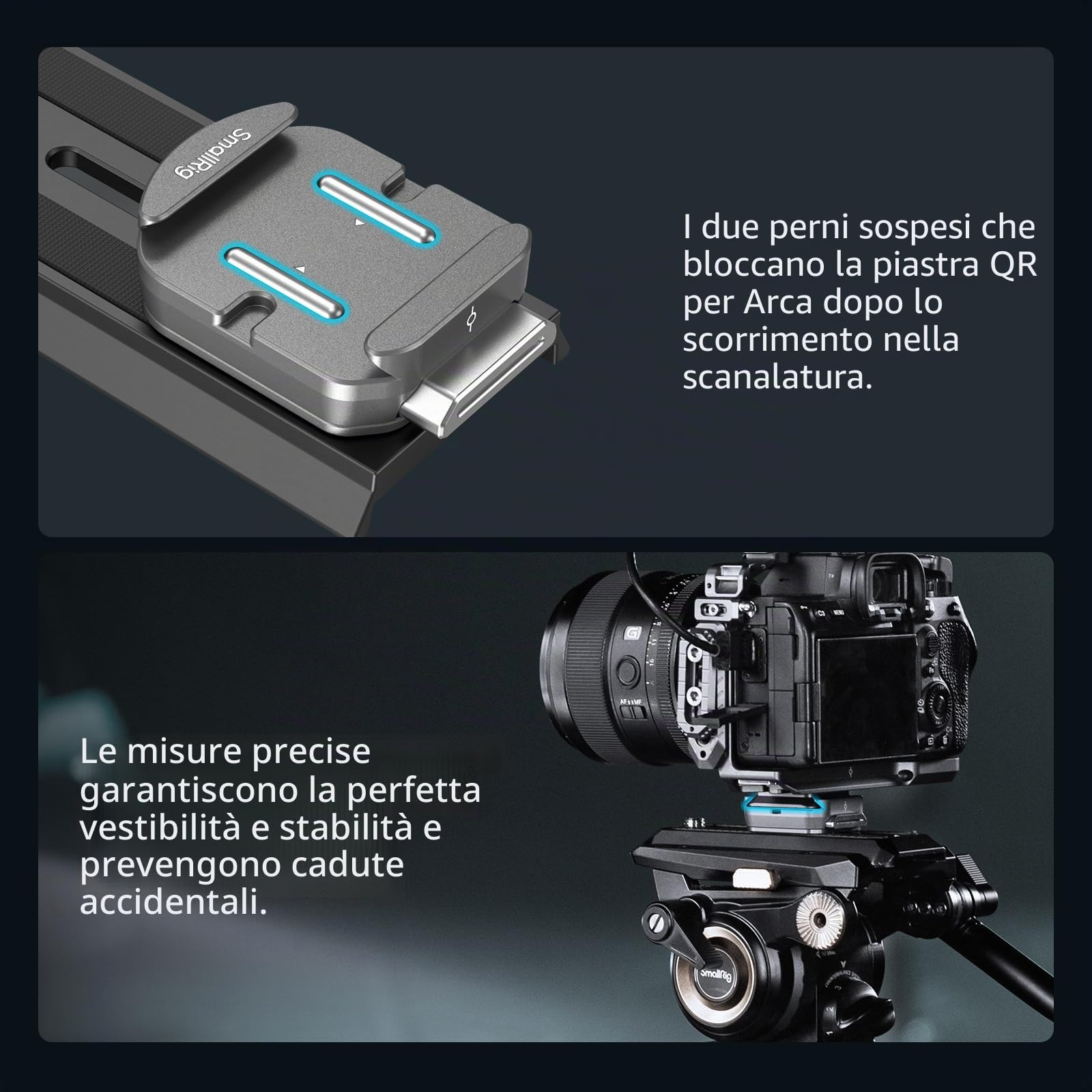 SMALLRIG Piastra di Montaggio a Sgancio Rapido per Arca-Swiss, Piastra per Fotocamera QR-Slide con Due Fori Filettati da 1/4"-20 per Manfrotto o Treppiede, HawkLock H38-4486