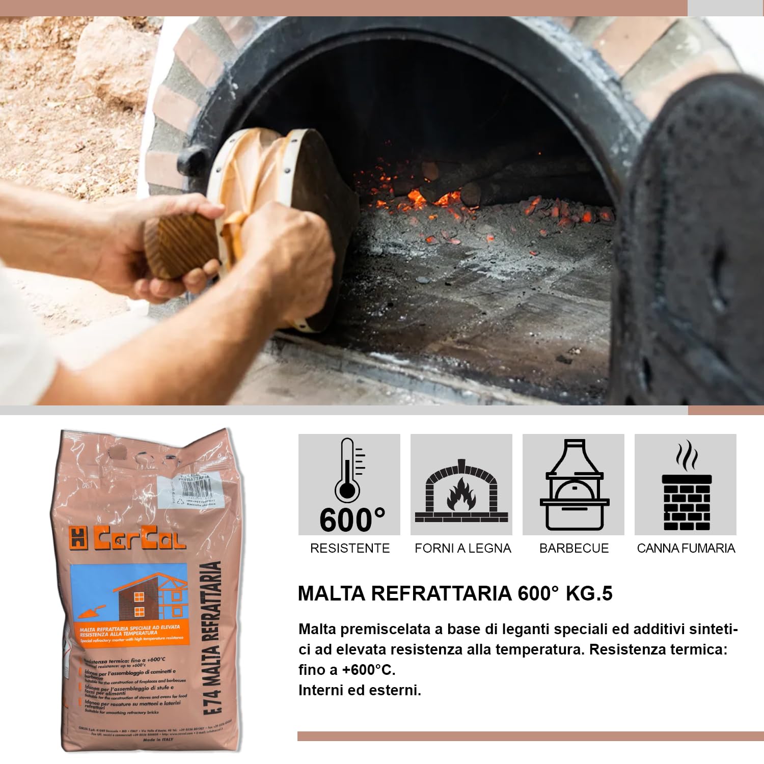 MASTERBRICO Cemento Refrattario Alta Temperatura 5 kg Grigio – Malta Resistente Fino a 600°C per Forni a Legna, Barbecue, Caminetti, Stufe – Pronto all’Uso per Lavori in Muratura