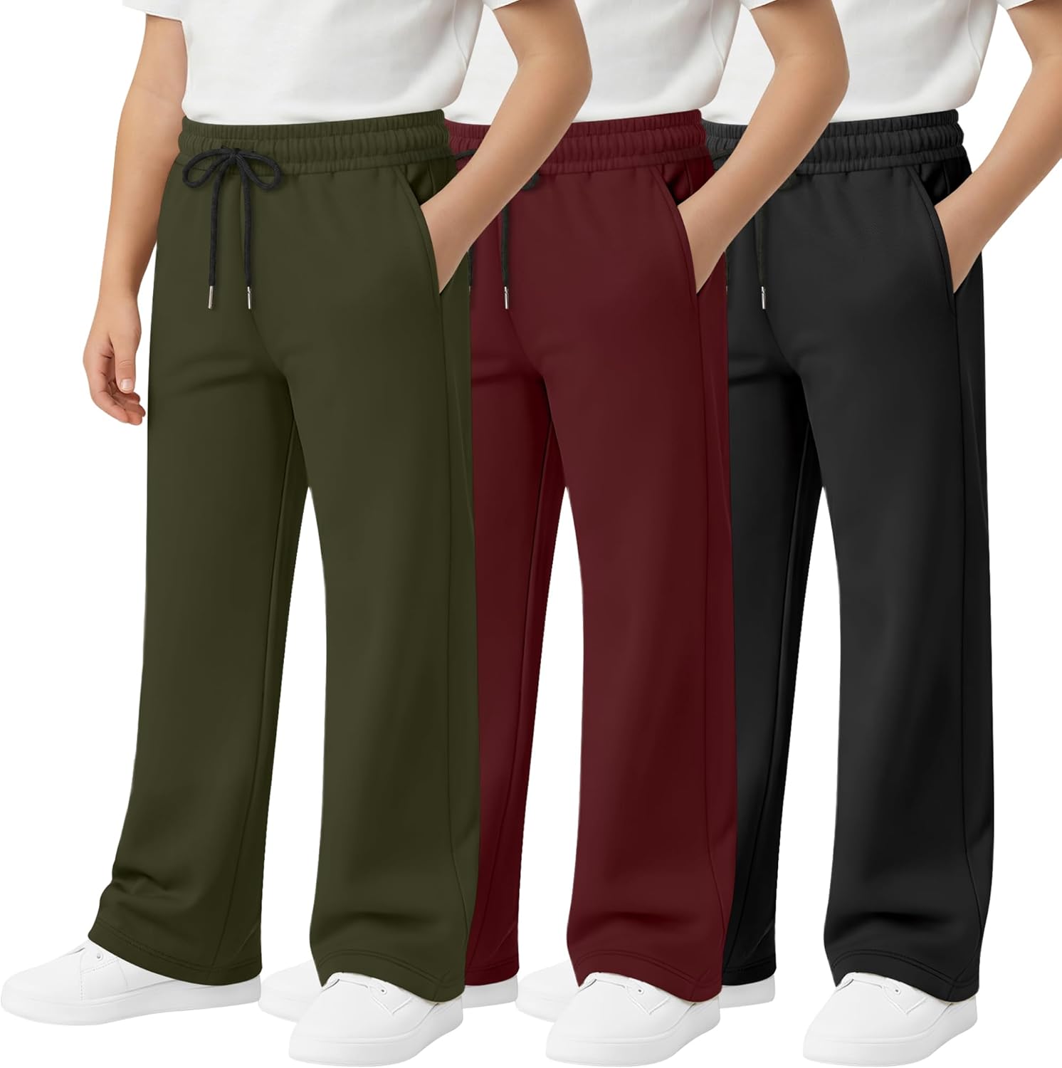 3 Pcs Boys Lightweight Sweatpants Wide Leg Open Bottom Drawstring Elastic High Wais...