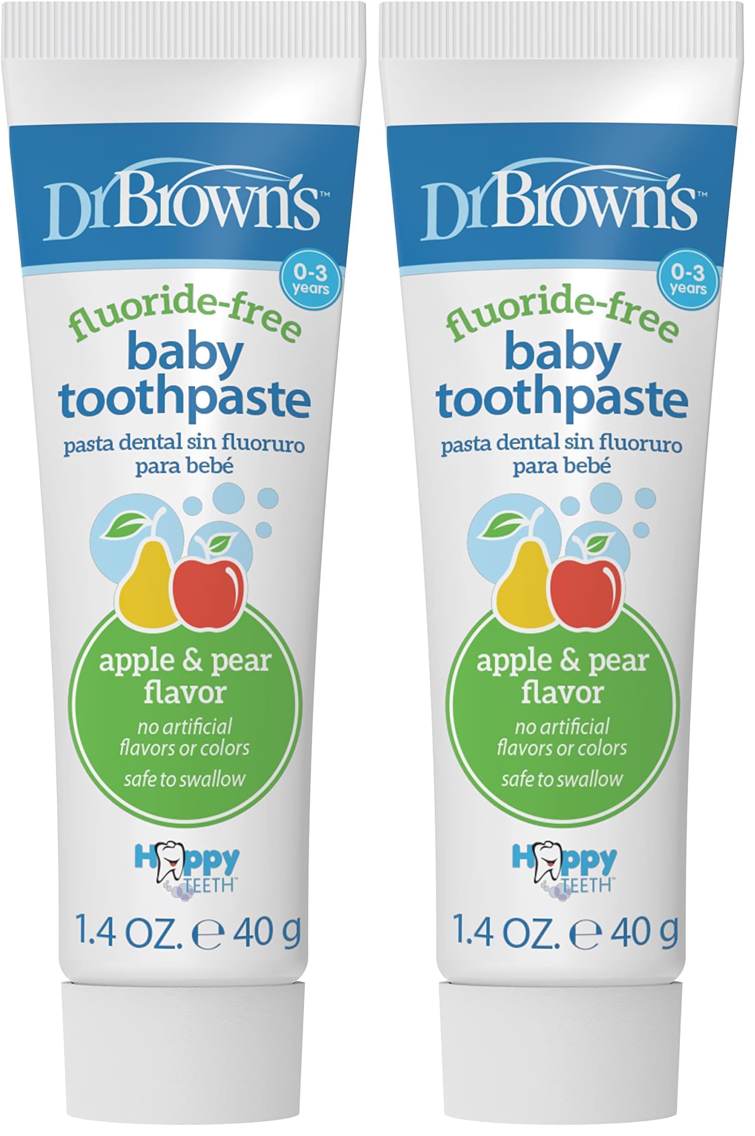 Dr. Brown's Fluoride-Free Baby Toothpaste, Infant and Toddler Oral Care, 1.4oz/40g, 0-3 Years, Apple Pear, 2-Pack