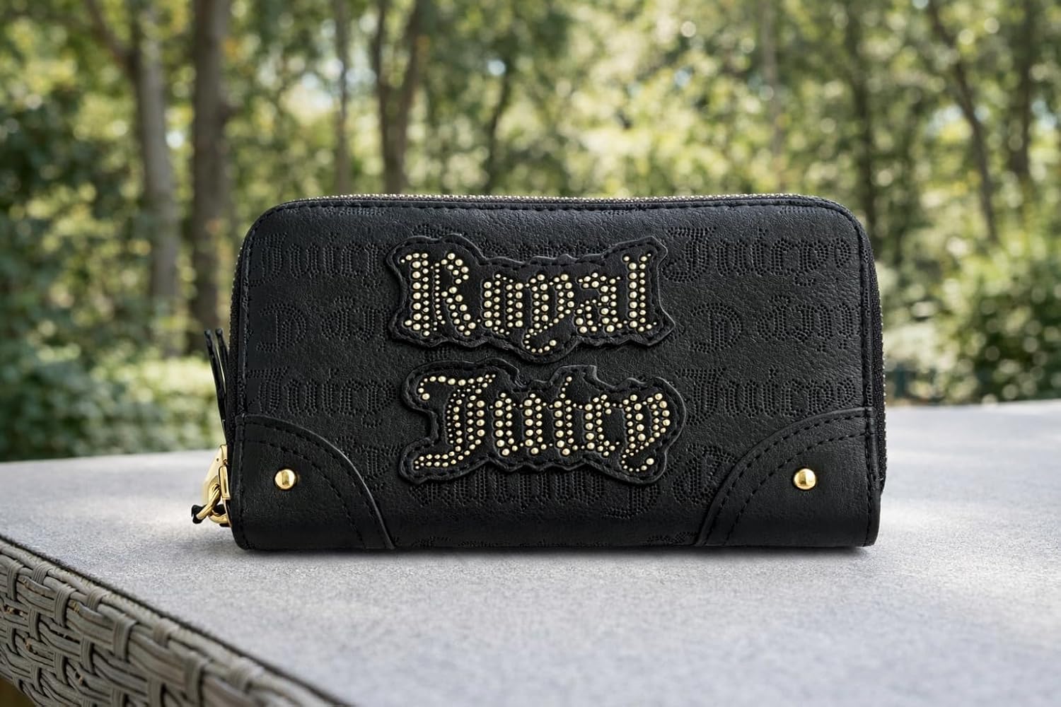 Juicy Couture Royal Juicy Medium Double Zip Wallet with Studded Logo & Card Slots (Black)