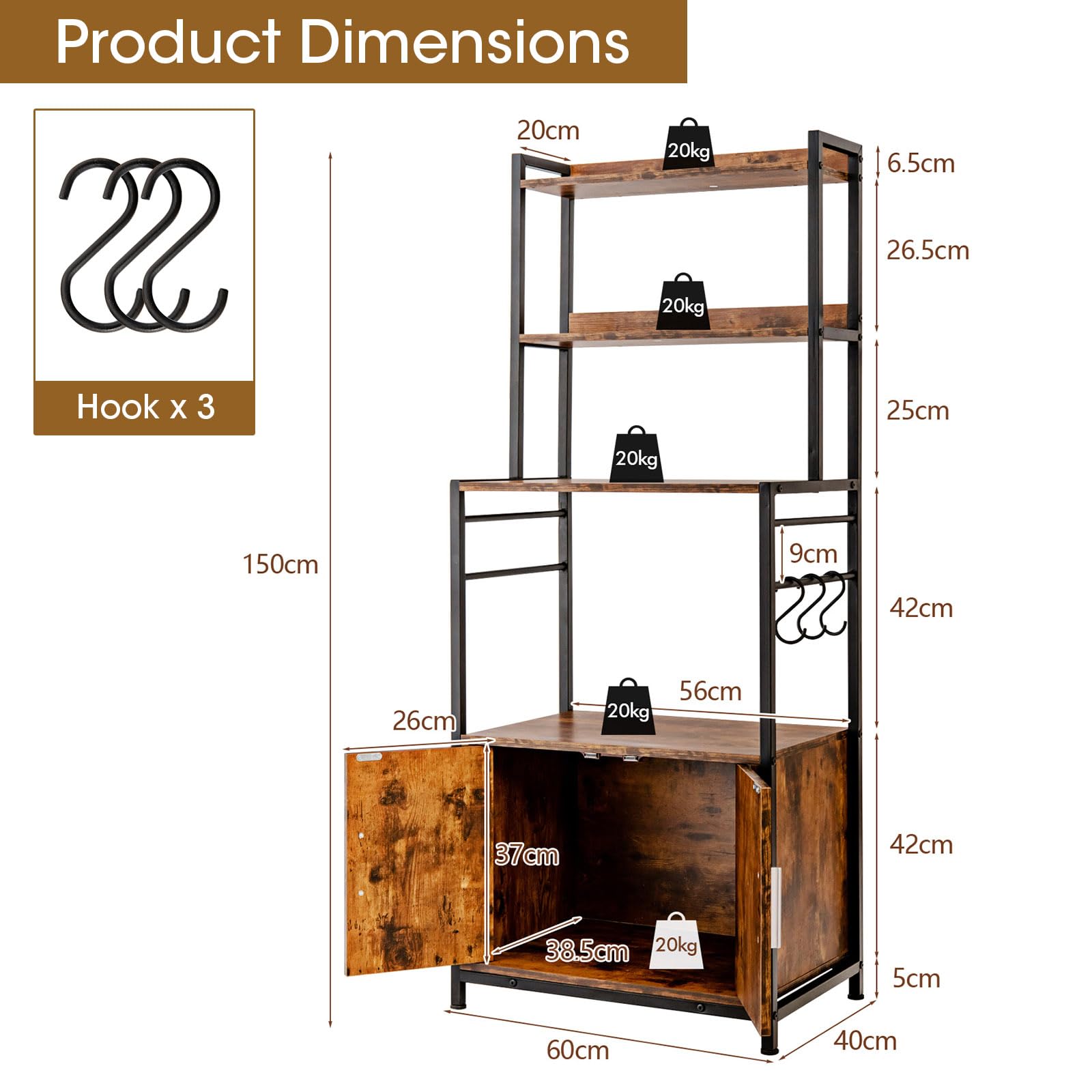 Scaffale Cucina 4 Ripiani Con Ante - Legno E Metallo, 60x40x150cm, Marrone Vintage E Nero - Foto 4