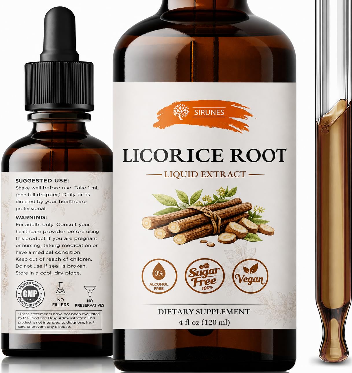 SIRUNES Licorice Root Extract Liquid Drops – Alcohol Free Licorice Tincture with Vegetable Glycerin – Glycyrrhiza Glabra Herbal Extract – Natural Botanical Supplement – 4 fl oz (120 ml)