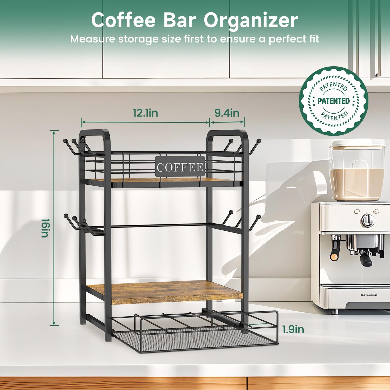 EsLuker.ly Coffee Bar Organizer Station Shelf Mug Holder, 3 Tier Coffee Cup Stand Rack for Countertop with 12 Hooks, K Cup Pod Organizer Drawer for Home Office, Keeps Essentials Tidy & Accessible Wood Brown+Black