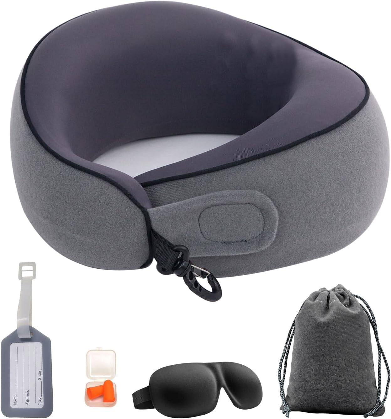 Memory Foam Travel Neck Pillow - Ergonomic 360° Support for Airplanes, Cars & Office - Compact Foldable Design with Cooling Ice Silk Cover & Adjustable Hook (Dark Gray)