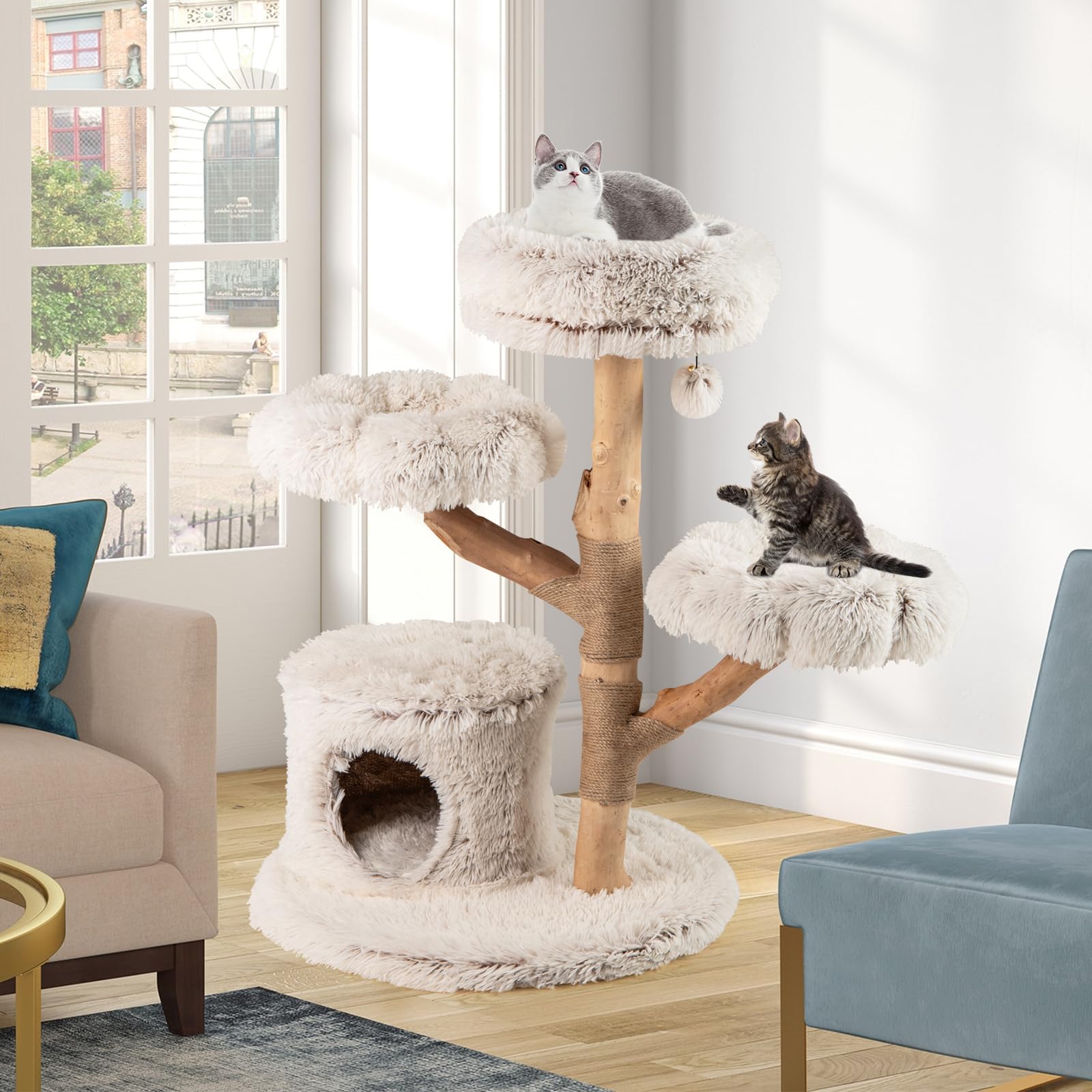 COSTWAY Árbol para Gatos Moderno de Madera Maciza, 102 cm Torre Gatos Rascador Acolchado con Felpa Extra Suave, Rascador para Gatito, 3 Plataformas, Poste de Yute, Nido, Bola Colgante, Blanco