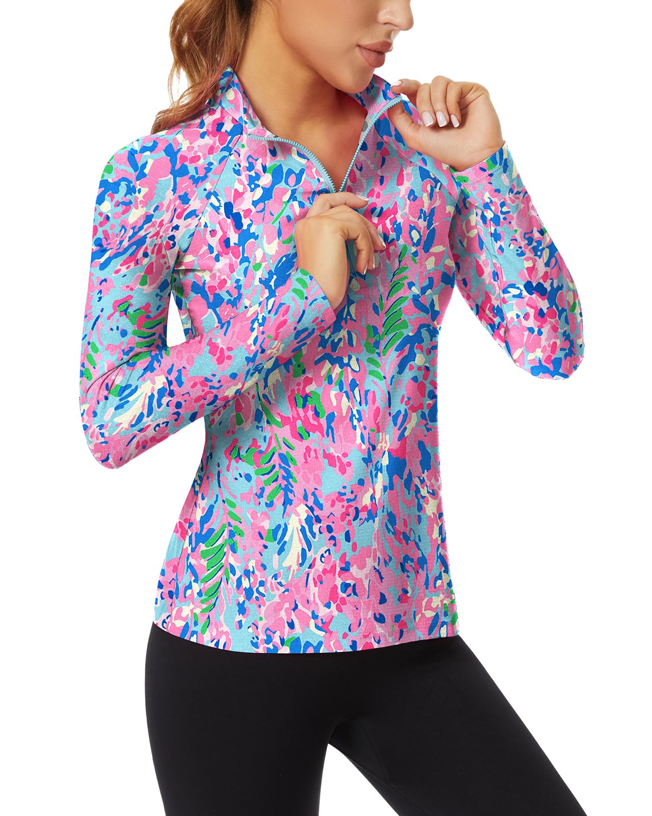 WOWENY Women's Long Sleeve Athletic Shirts Quarter Zip Pullover Collared T-Shirt Workout Print Tennis Top