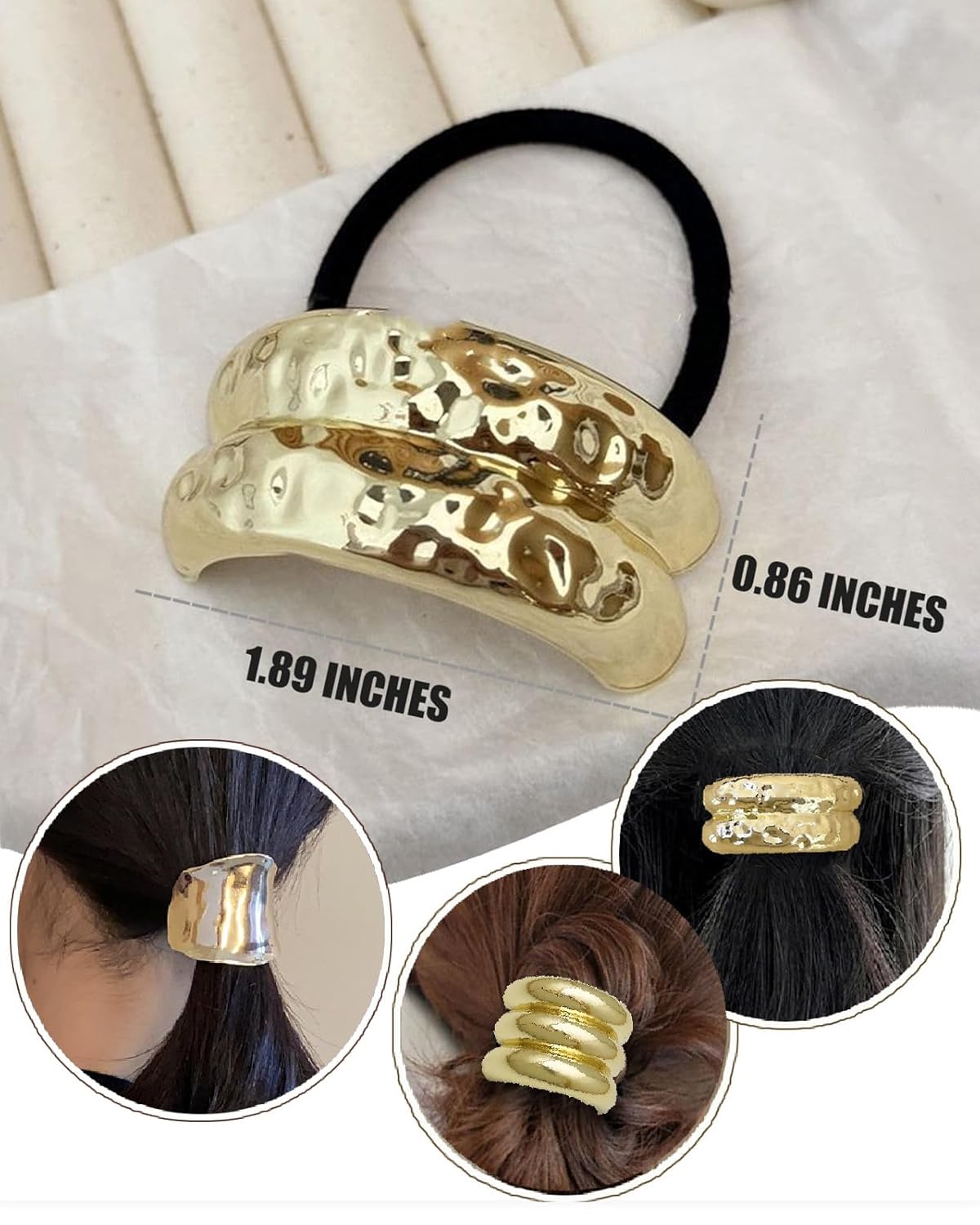 Metal Hair Ties for Women Gold Hair Cuffs Wrap Hair Ties Gold Double Arch Elastic Ties Retro Metal Ponytail Cuff for Thick Hair (B)