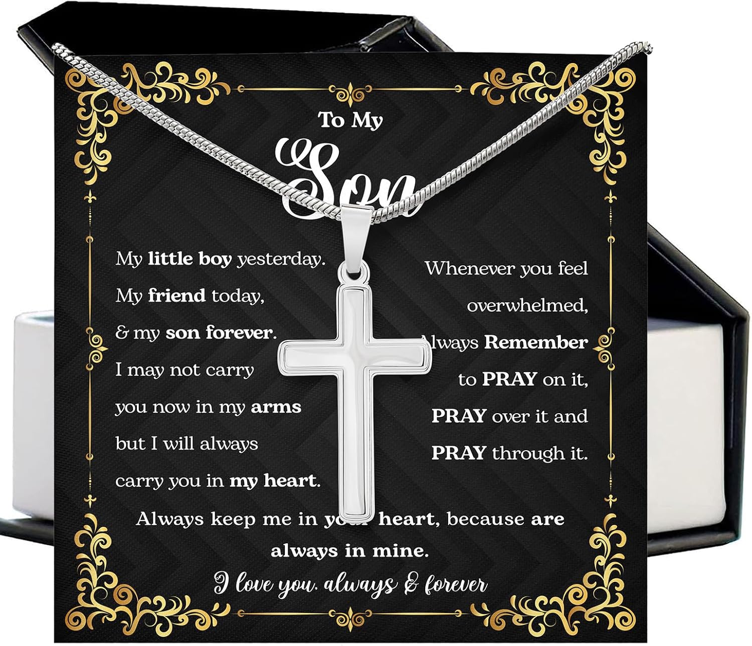To My Son Cross Chain Necklace From Mom And Dad With Message Card And Gift Box, Son Gifts From Mom, Birthday Gift For Graduation, Wedding, Christmas Faith Cross Necklace Present