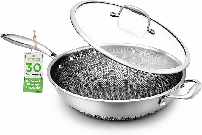 NutriChef wok 12” acero inoxidable, Sarten, Induccion, Revestimiento antiadherente, Tapa, Manga lateral, Resistente