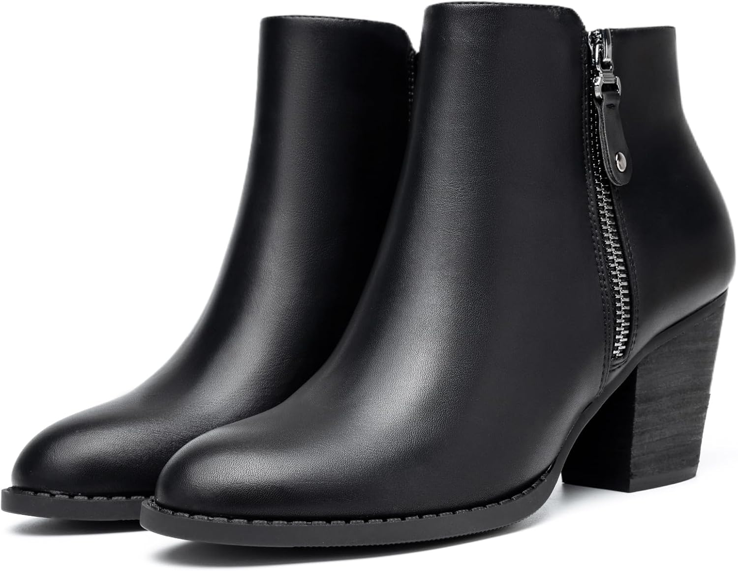 ANJOUFEMME Women's Zipper Chunky Ankle Boots, Stacked Mid Heel Dress Boots, Comfortable Short Booties