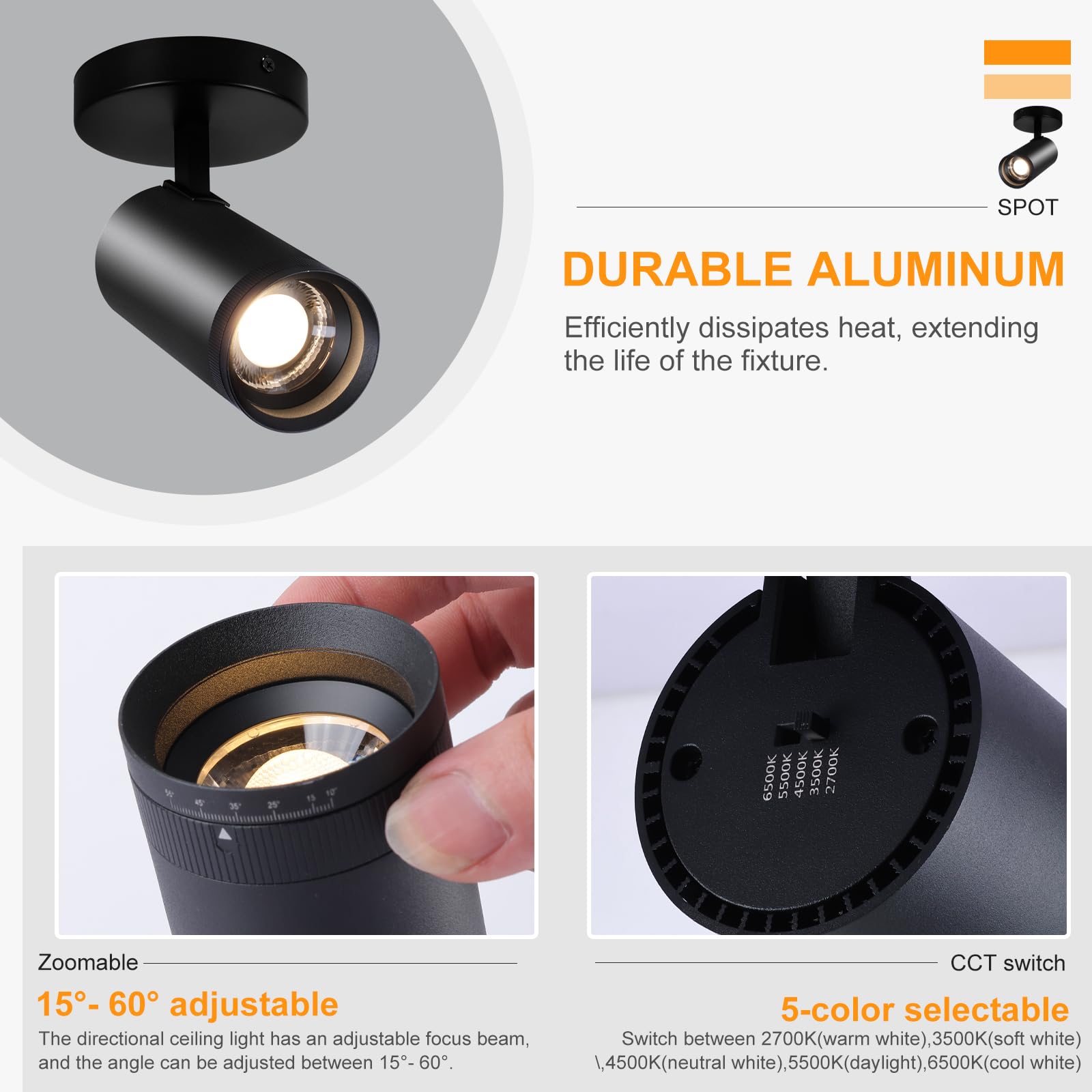 5-Color Zoomable LED Ceiling Spotlight 20W Directional Ceiling