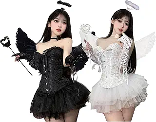 [Qichenk] 豪華6点フルセット 悪魔天使 ハロウィン コスプレ デビル 大人レディース衣装 可愛 白黒 羽 ワンピース お揃い コスチューム 双子コーデ イベント仮装 パーティー 文化祭 結婚式