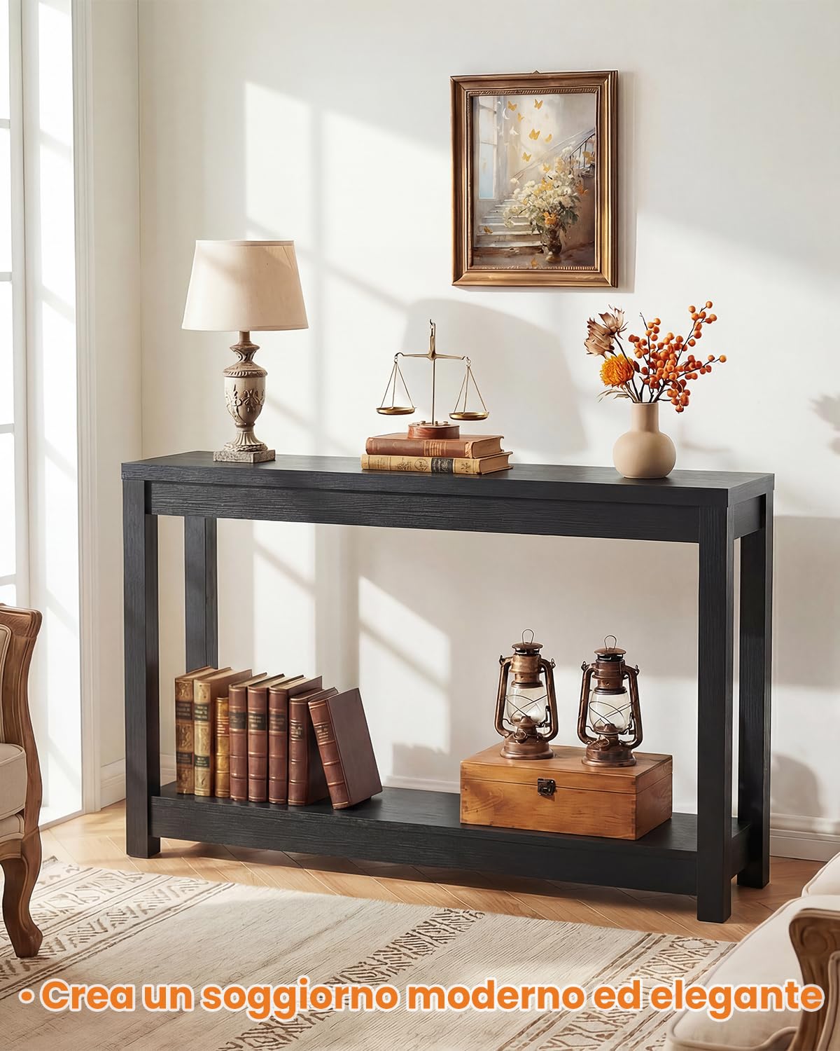 iSunirm Tavolino Console Stretto 120cm, Mobile Ingresso in Legno Stile Farmhouse, Consolle Sottile con Ripiani, Tavolo Dietro Divano o Libreria Salvaspazio, Nero Venatura a Rilievo