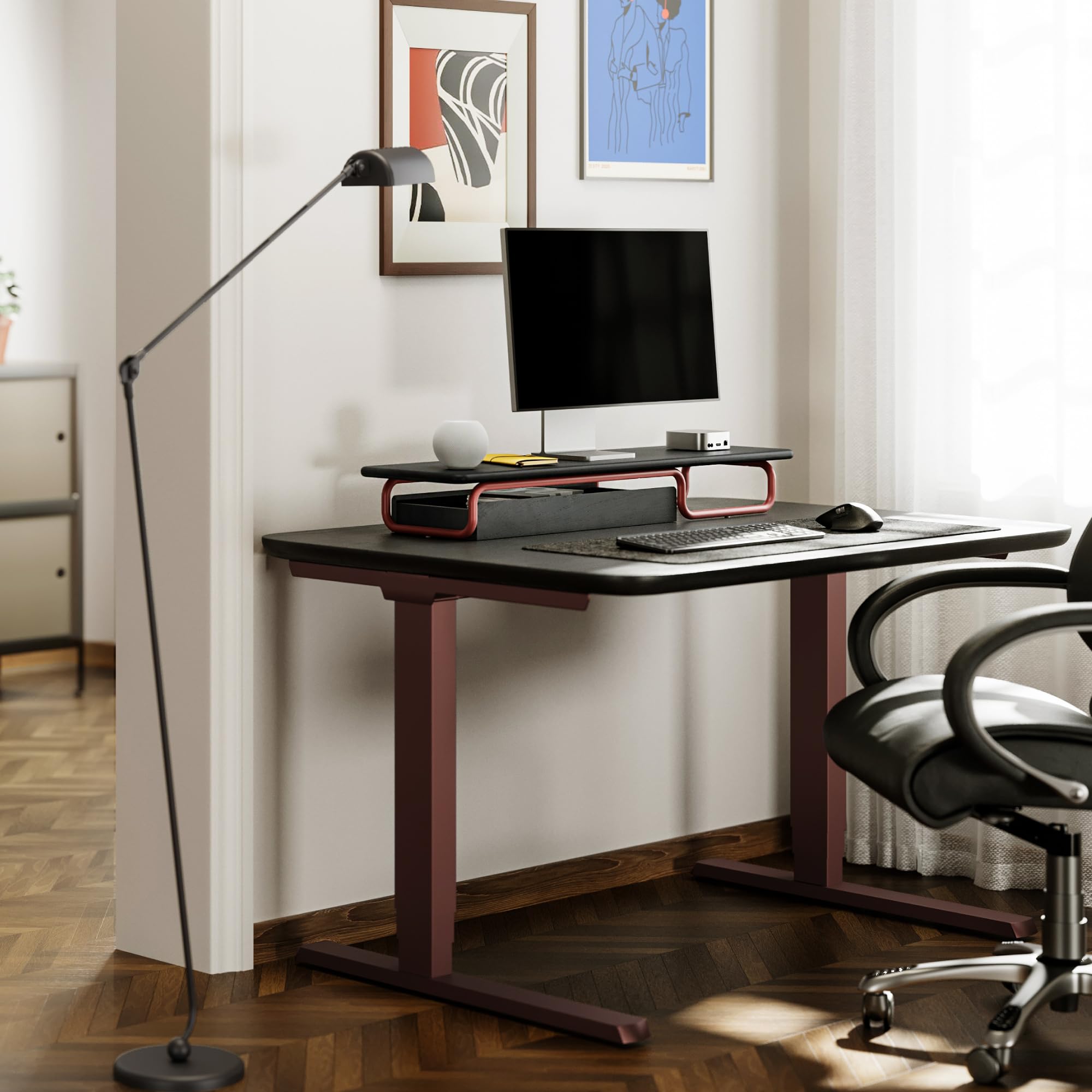 Fenge Supporto Monitor Scrivania, per 2 Schermi, 95x 25x 12,4cm, Legno Massello e Ferro, Non Installazione, fino 50kg, Monitor Stand con Cassetti, Porta PC laptop stampante TV (Nero + Rosso)