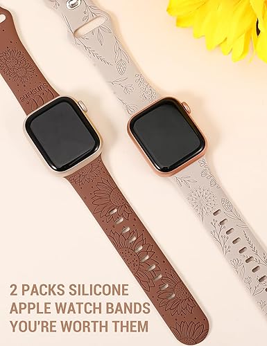 Miniatura 9 de Minyee Paquete de 2 correas con grabado floral compatibles con correas de Apple Watch de 1.614 in, 1.575 in, 1.496 in, 1.732 in, 1.772 in, 1.654 in,