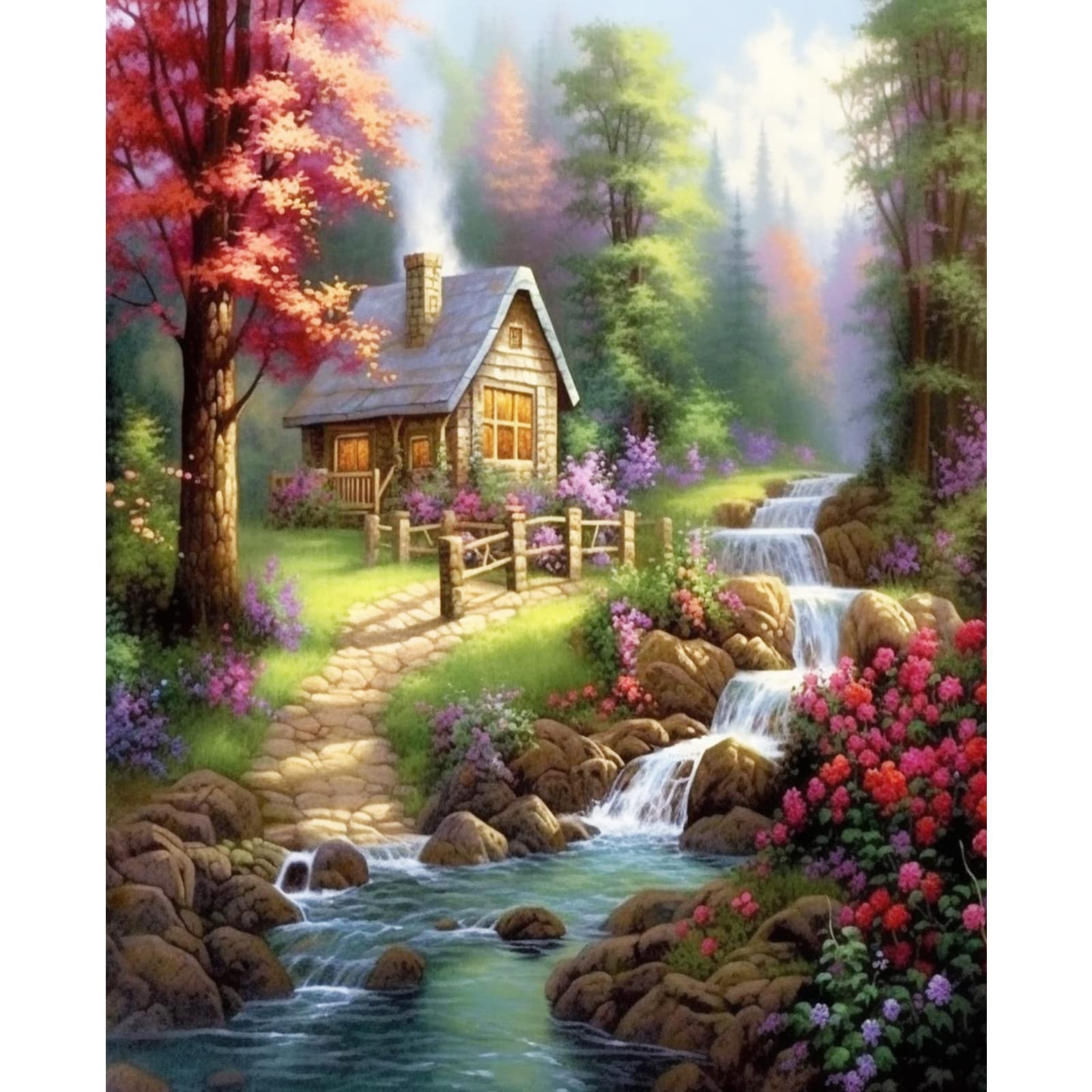 Tucocoo Wildflower DIY Paint by Number for Adults, Rustic House Digital Oil Painting Kits on Canvas with Brushes and Acrylic Pigment Forest Waterfall