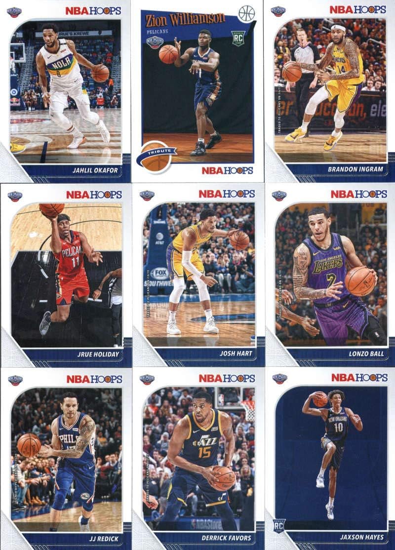 2019-20 Panini NBA Hoops New Orleans Pelicans Team Set of 12 Cards: Lonzo Ball(#116), Josh Hart(#117), Jrue Holiday(#118), Brandon Ingram(#119), Jahlil Okafor(#120), JJ Redick(#148), Derrick Favors(#190), Jaxson Hayes(#205), Nickeil Alexander-Walker(#214), Marcos Louzada Silva(#250), Zion Williamson(#258), Zion Williamson(#296)