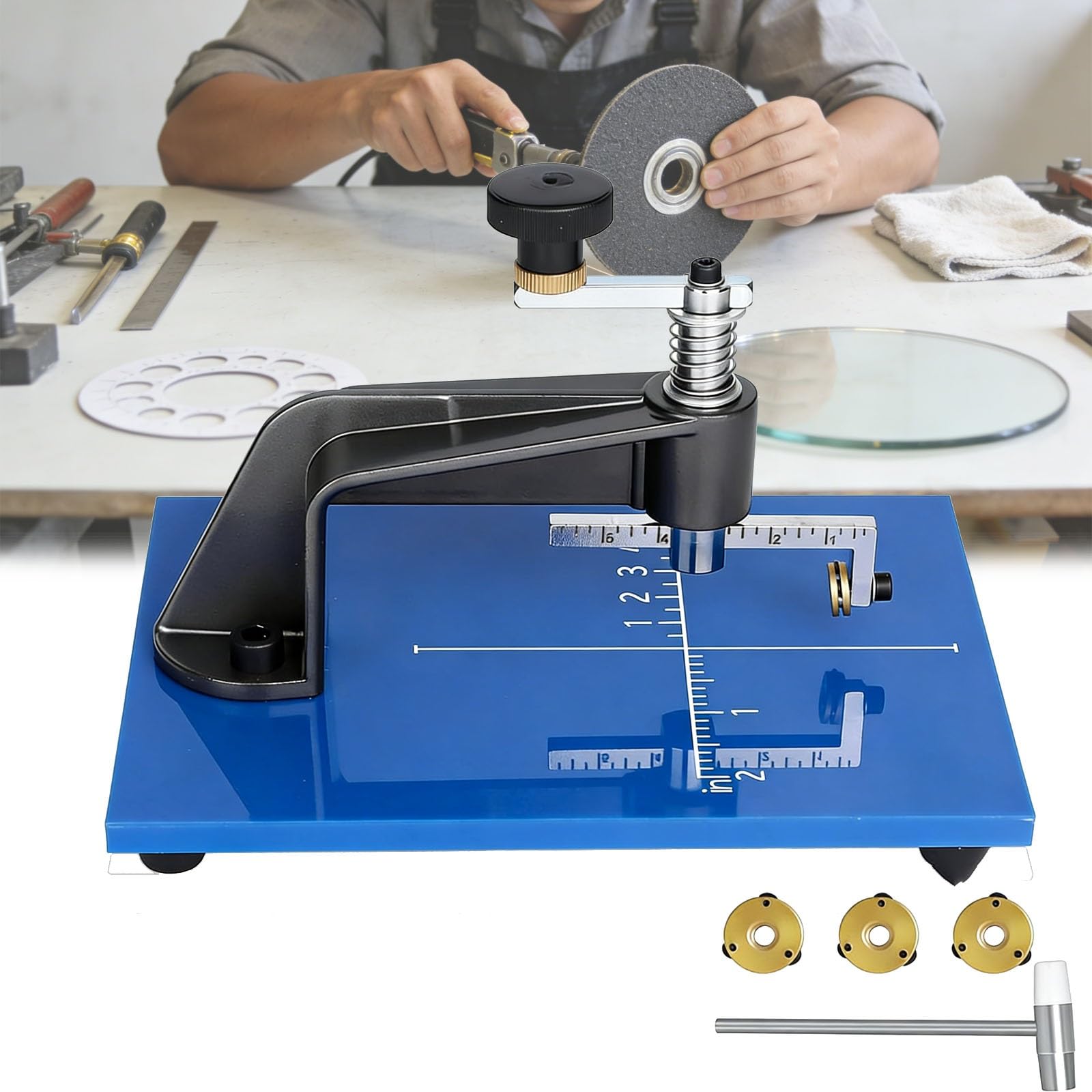 YXYLJOZ DIY Glass Cutting Tool Kit, Circular Cutting Tool for Stained and Thick Glass, 3 Carbide Cutting Wheels and a Cushion Hammer for Stained Glass Cutting, Mosaics and DIY Crafts.