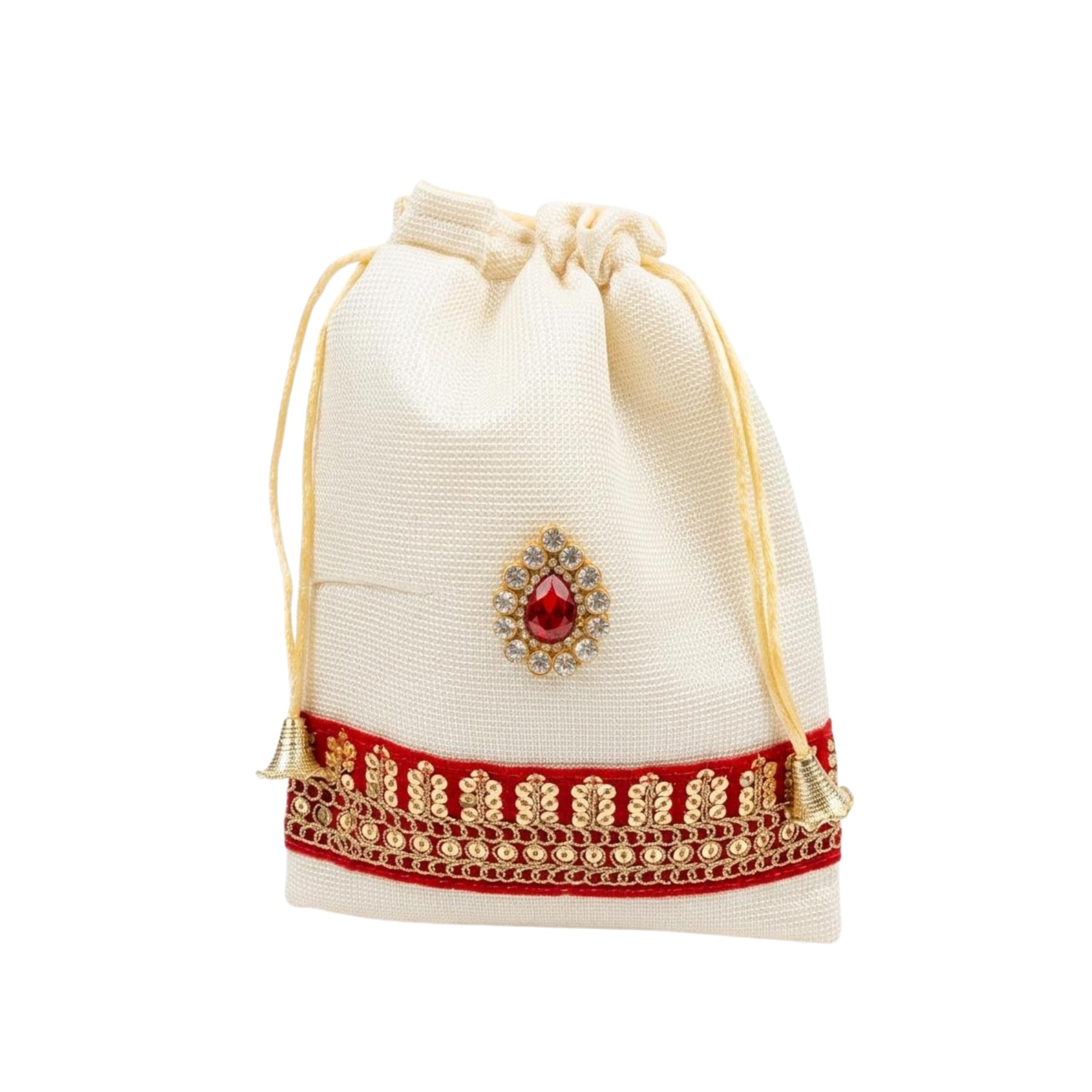 nayashi Potli Bag in Cream Jute with Red Gold Embroidered Border, Drawstring Closure, 9x7 Inches, for Weddings and Celebrations-picture-18