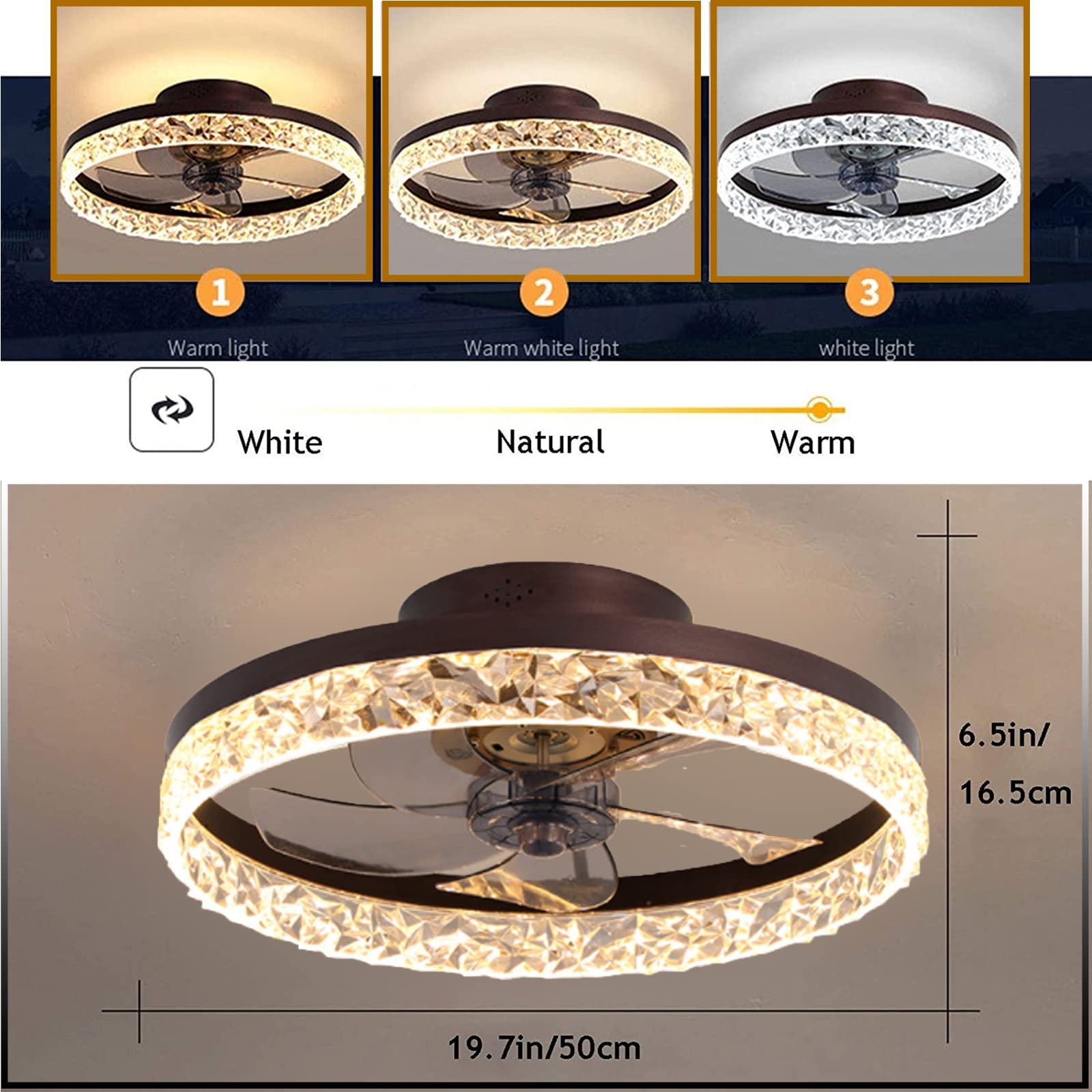 GWDZ Low Profile Ceiling Fan with Light,20'' LED Ceiling Fan Remote Control 3 Color 3 Speeds Semi Flush Mount Timing 30W Modern for Living Room Bedroom,Brown