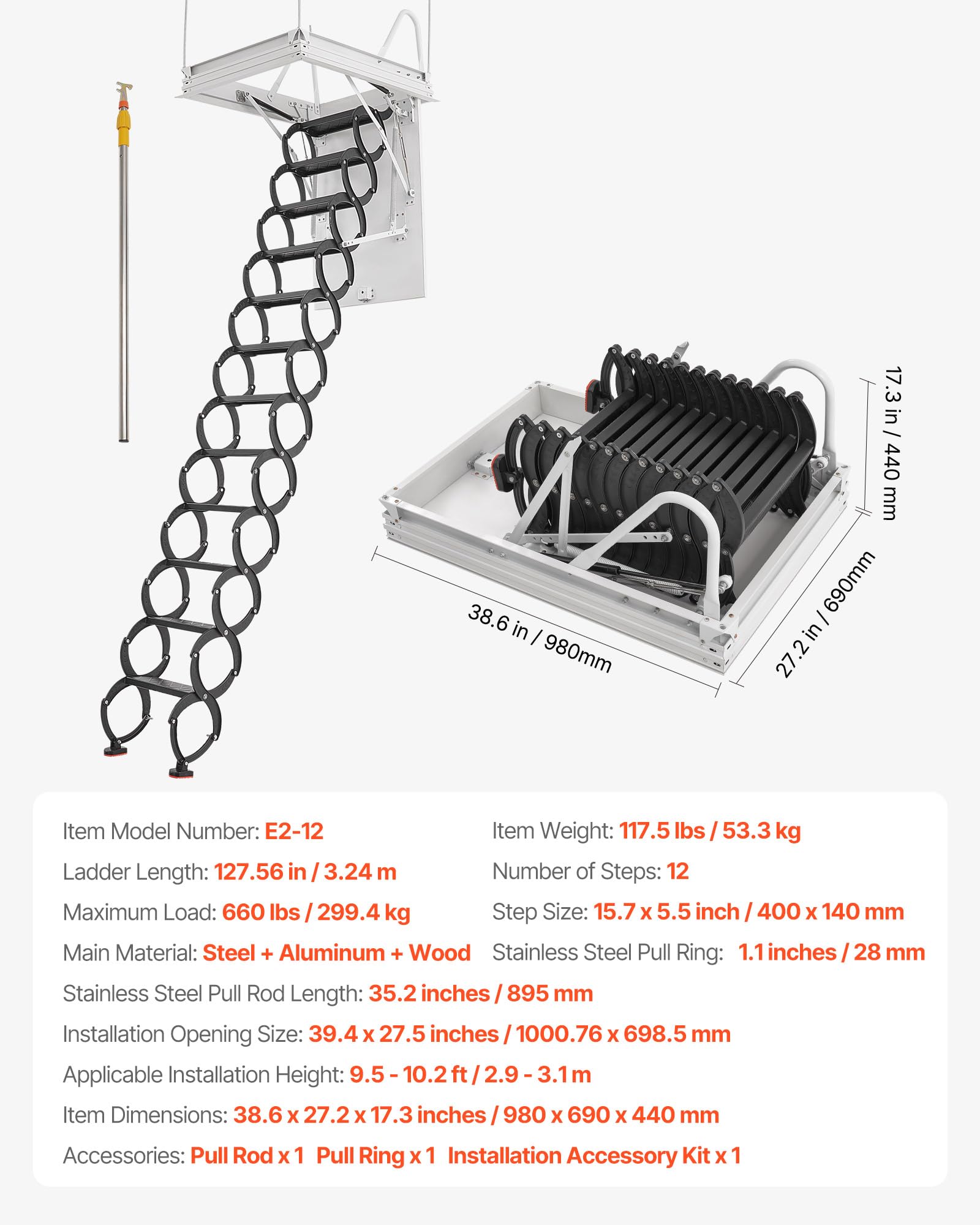 VEVOR Escalera de Ático, Carga 299,4 kg, Apta para Techos 2,9 a 3 m de Altura y Abertura 100 x 70 cm, Acero de Aleación, Retráctil y Abatible con Barra de Tracción para Techos de Áticos y Lofts