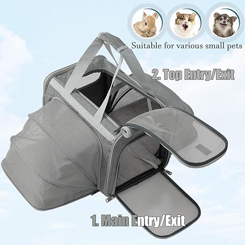 Miniatura 7 de Transportador para perros y gatos, color gris, suave, para mascotas, aprobado por aerolíneas, para perros pequeños, 2 lados expandidos, elegante