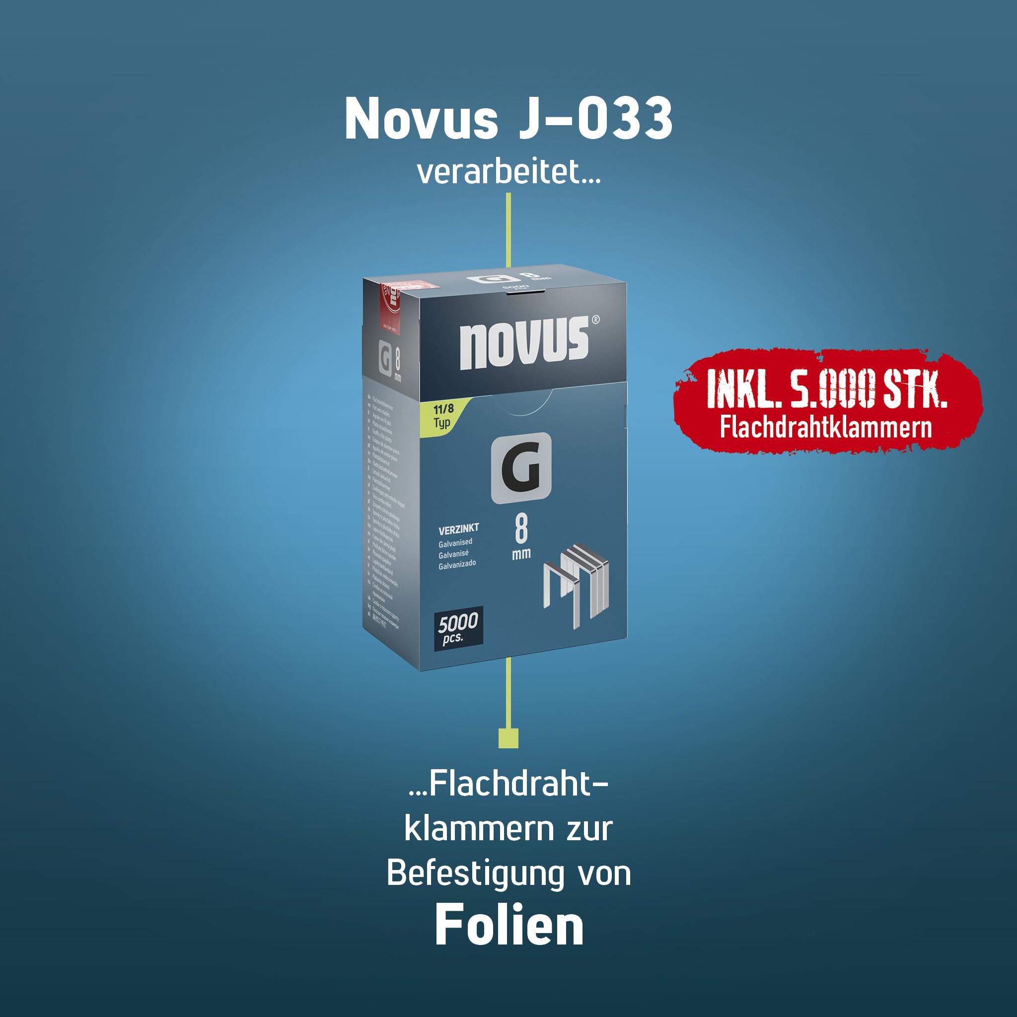 Puntatrice per martelli Novus Tools J-033 Set + 5000 clip a filo piatto – Puntatrice robusta per uso universale – Clip a filo piatto G tipo 11 da 6 a 10 mm – Metallo pieno