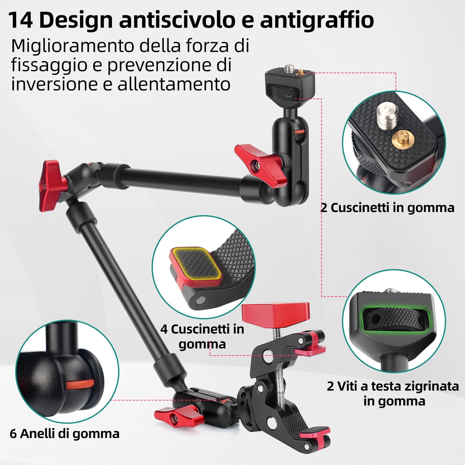 22" Braccio Magico con Super Clamp, Supporto Flessibile per Fotocamera, Supporto per Telefono, Braccio Articolato con Filettatura da 1/4" per Smartphone, Action Camera, Microfono - nero rosso