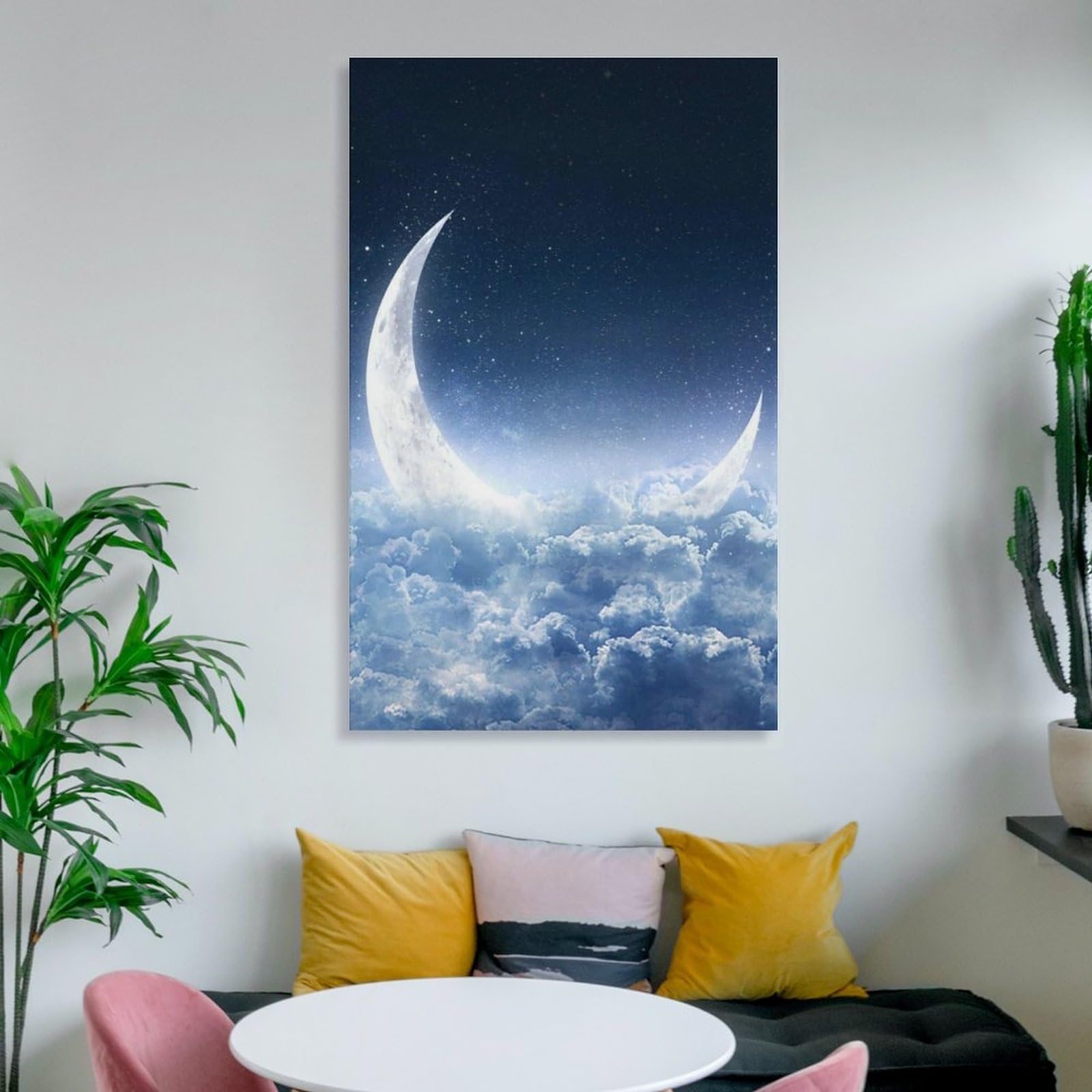 Amazon.co.jp: 絵画 月と白い雲インテリア 絵画 夜の三日月 アート