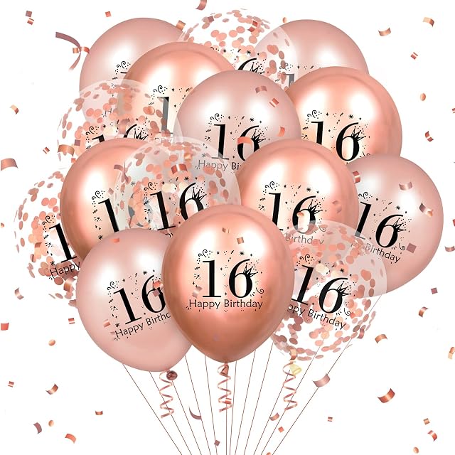 16th Latex Birthday Balloons 18 Pcs Rose Gold Happy 16th Birthday Balloons Confetti Balloons Rose Gold 16th Birthday Party Decorations Balloons for Girls Boys 16th Birthday Decor Supplies 12 inch