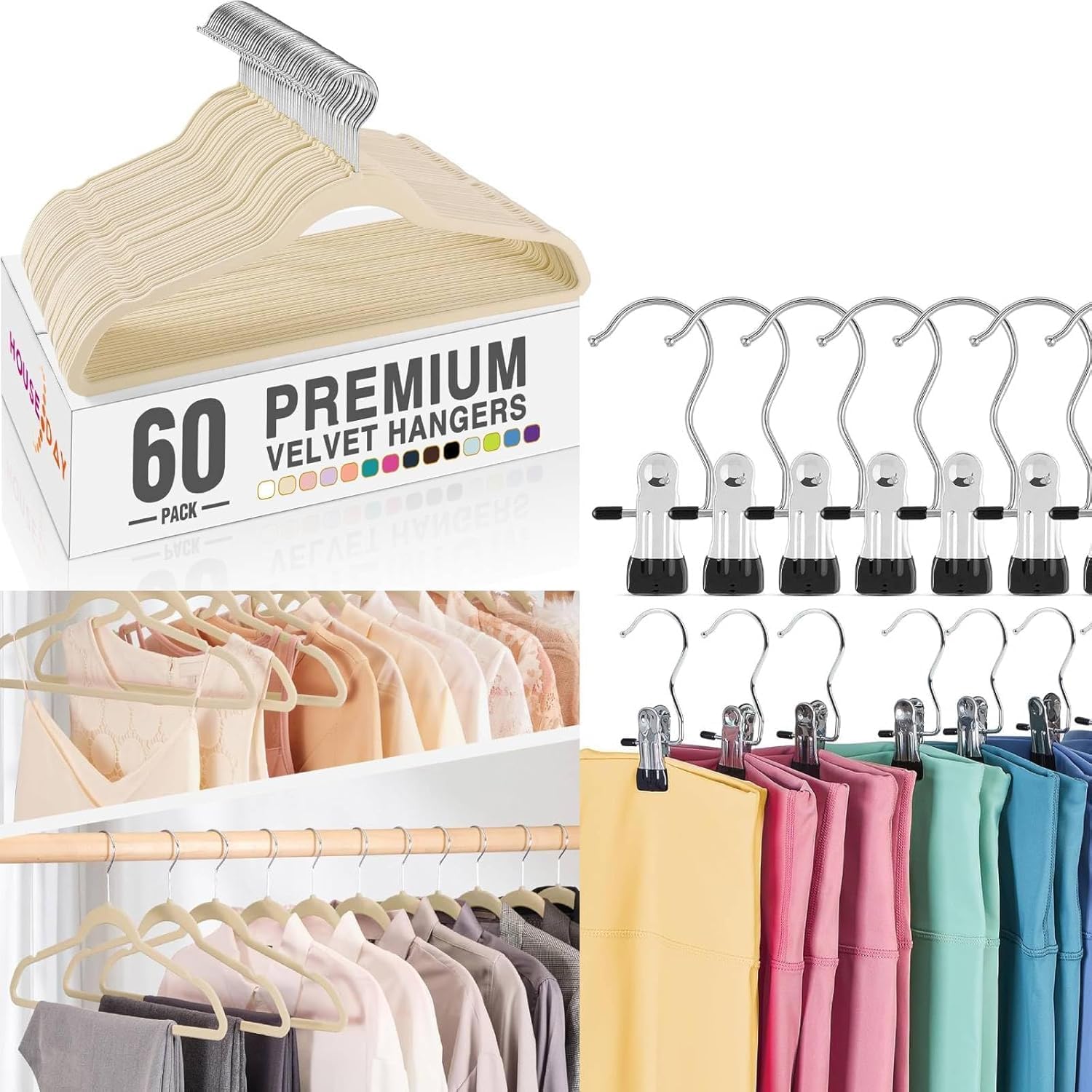 HOUSE DAY Velvet Hangers 60P & 20P Leggings Organizers Hangers Clips