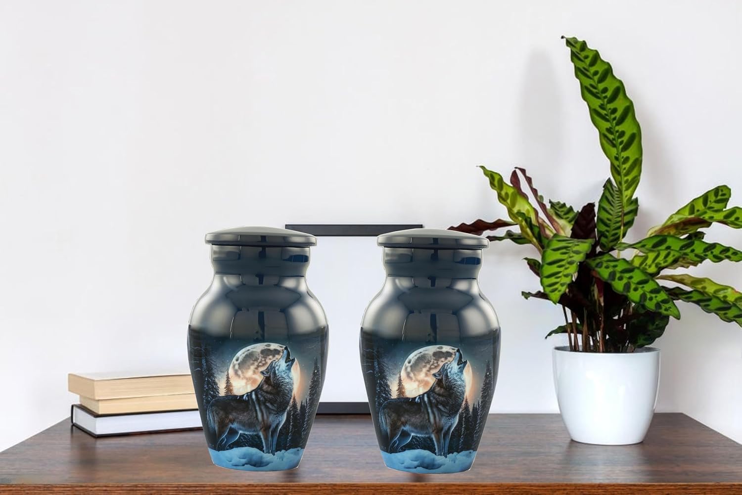 Midnight Wolves Handcrafted Keepsake Urn - 2 Mini Cremation Urns for Ashes Howling at The Moon Sharing Wolf Moonlit Memorial Token (Keepsake Urns Set of 2), Dark Blue