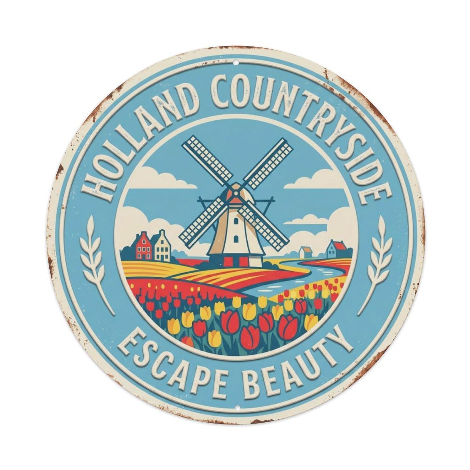 Windmill Countryside Escape Holland Landscape Metal Tin Sign Plaque Wall Decor for Cafe, Club Bar, Office, Home Garden Round Metal Poster 8x8Inch
