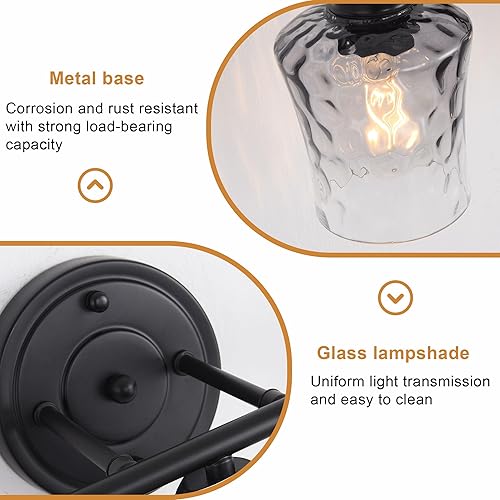 Miniatura 6 de Lámpara de baño de 3 luces, lámpara de tocador negra mate con pantalla de vidrio gris, moderna lámpara de pared de baño E26 para sobre espejo,