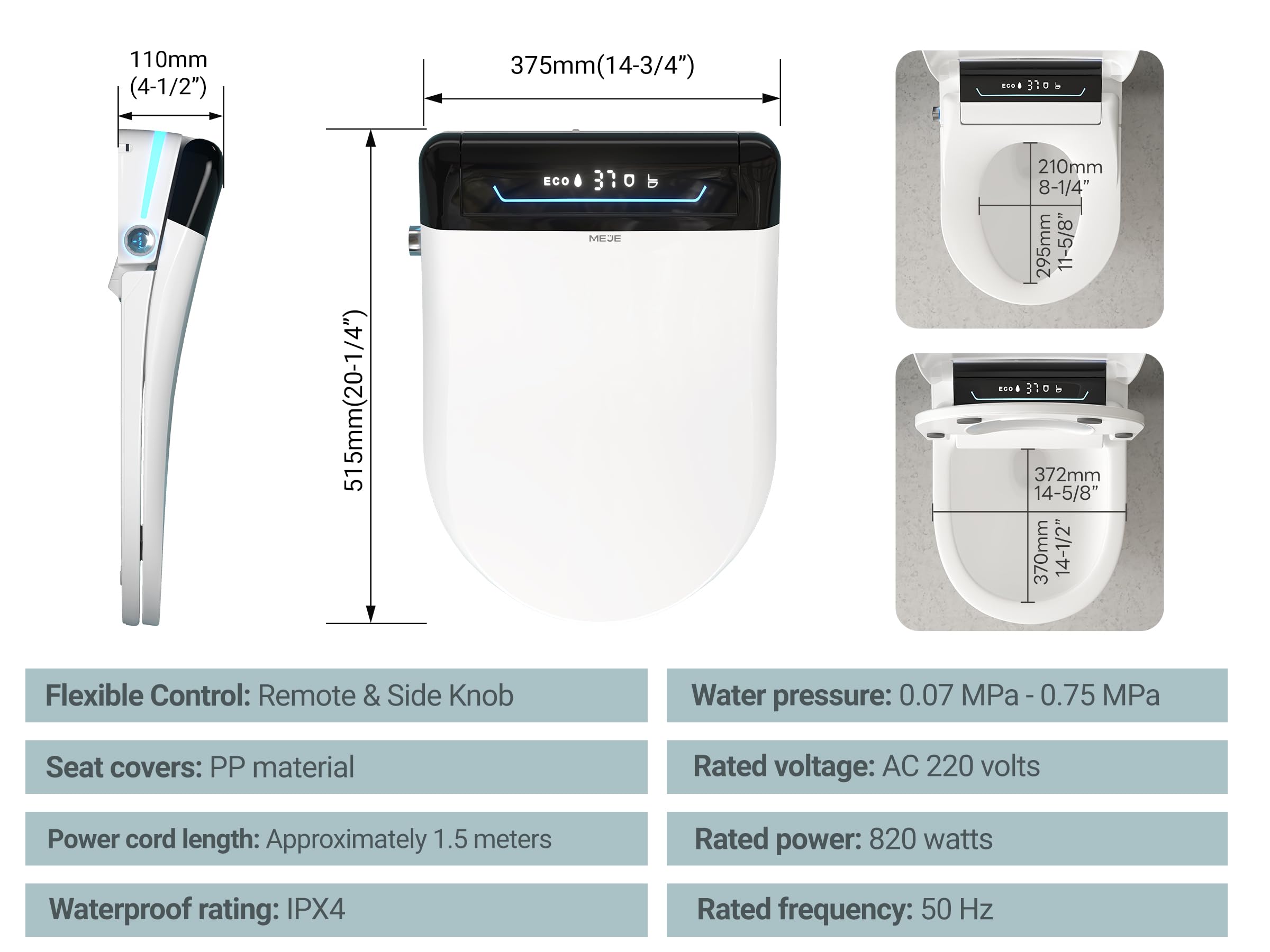 MEJE #001U – inteligentny bidet do rozszerzonej toalety ze wskaźnikiem temperatury, podgrzewaną deską sedesową, automatycznym otwieraniem i zamykaniem, funkcją mycia sterowaną temperaturą (biały)