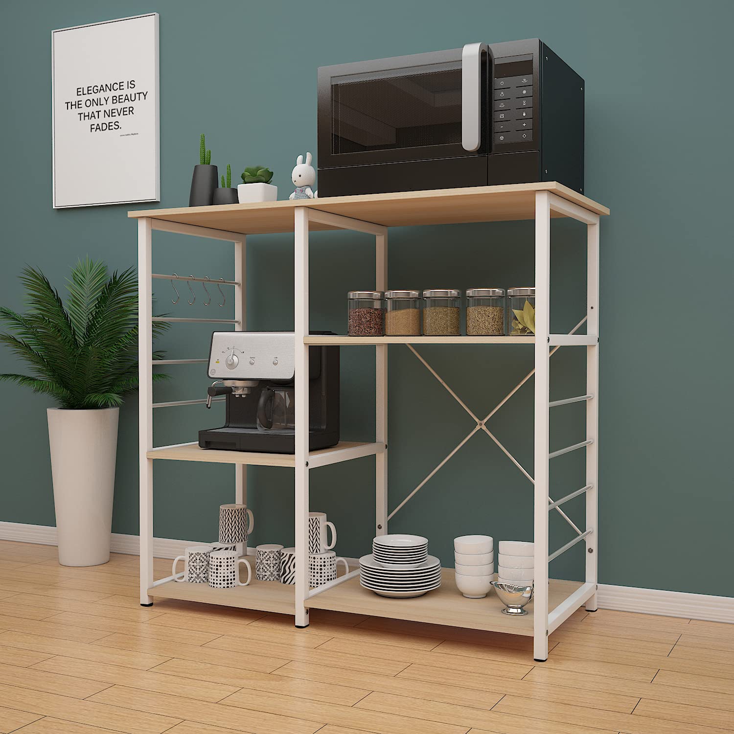 DlandHome Etagères de Cuisine pour Le Stockage, Meuble Rangement Desserte de Cuisine avec 3+3 Tablettes pour Micro-Ondes, Four, Outils de Cuisine, 90L * 39W * 83H cm Érable