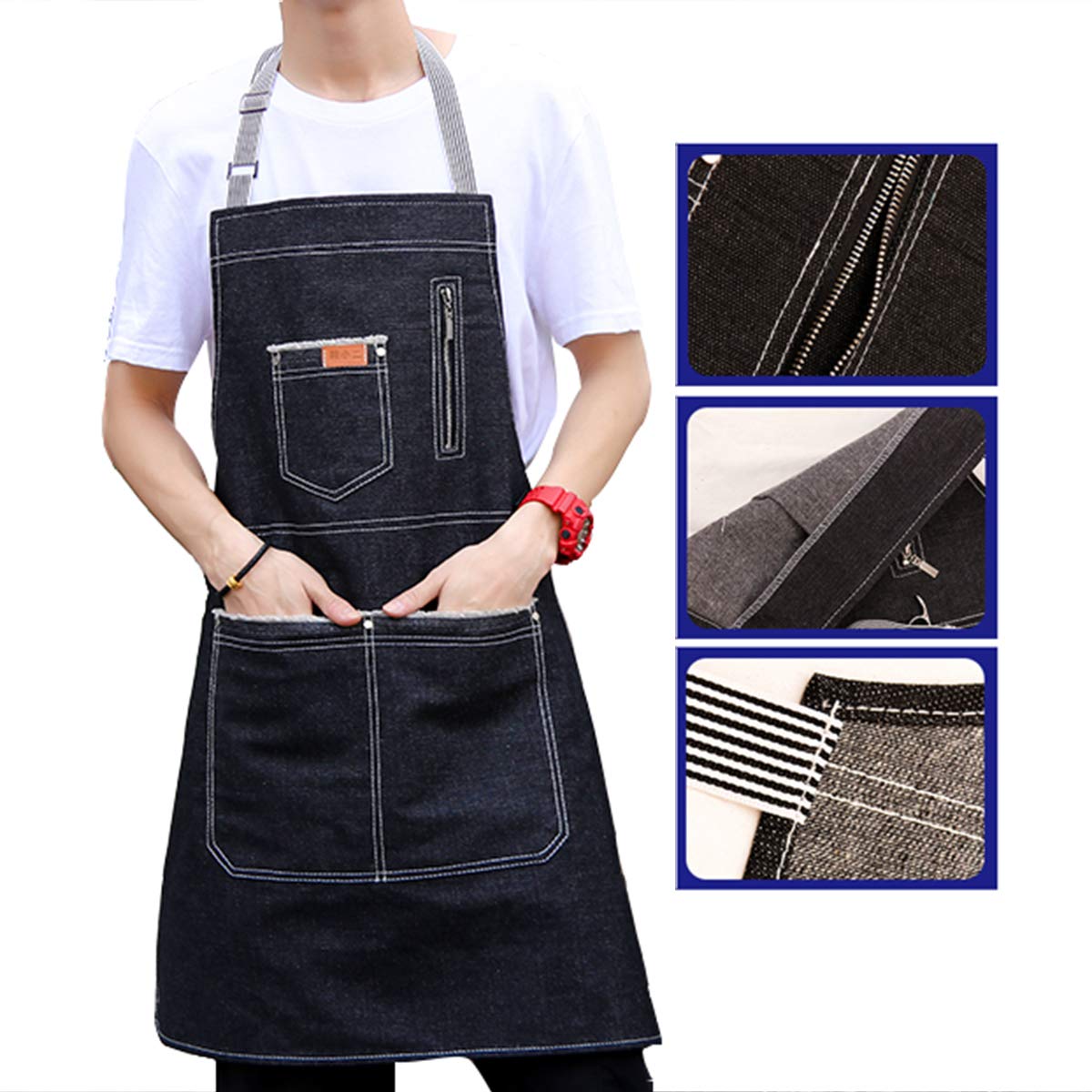 FMSBSC Denim Apron with Pockets for Men and Women, Chef, Kitchen, Restaurant, BBQ, Grill, Baking, Coffee Shop and Studio, XXL,Black