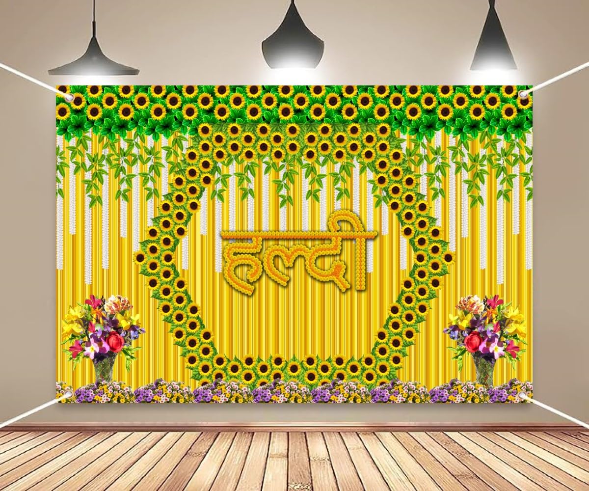 DARSHANAM WORLD Wedding Decorative Cloth for Haldi & Mehndi Ceremony, Photoshoot, Haldi Background Enhancer for Mehndi Ceremony (8x5 ft, 3D Printed Backdrop with Floral & Logo Design) (Yellow)-picture-4