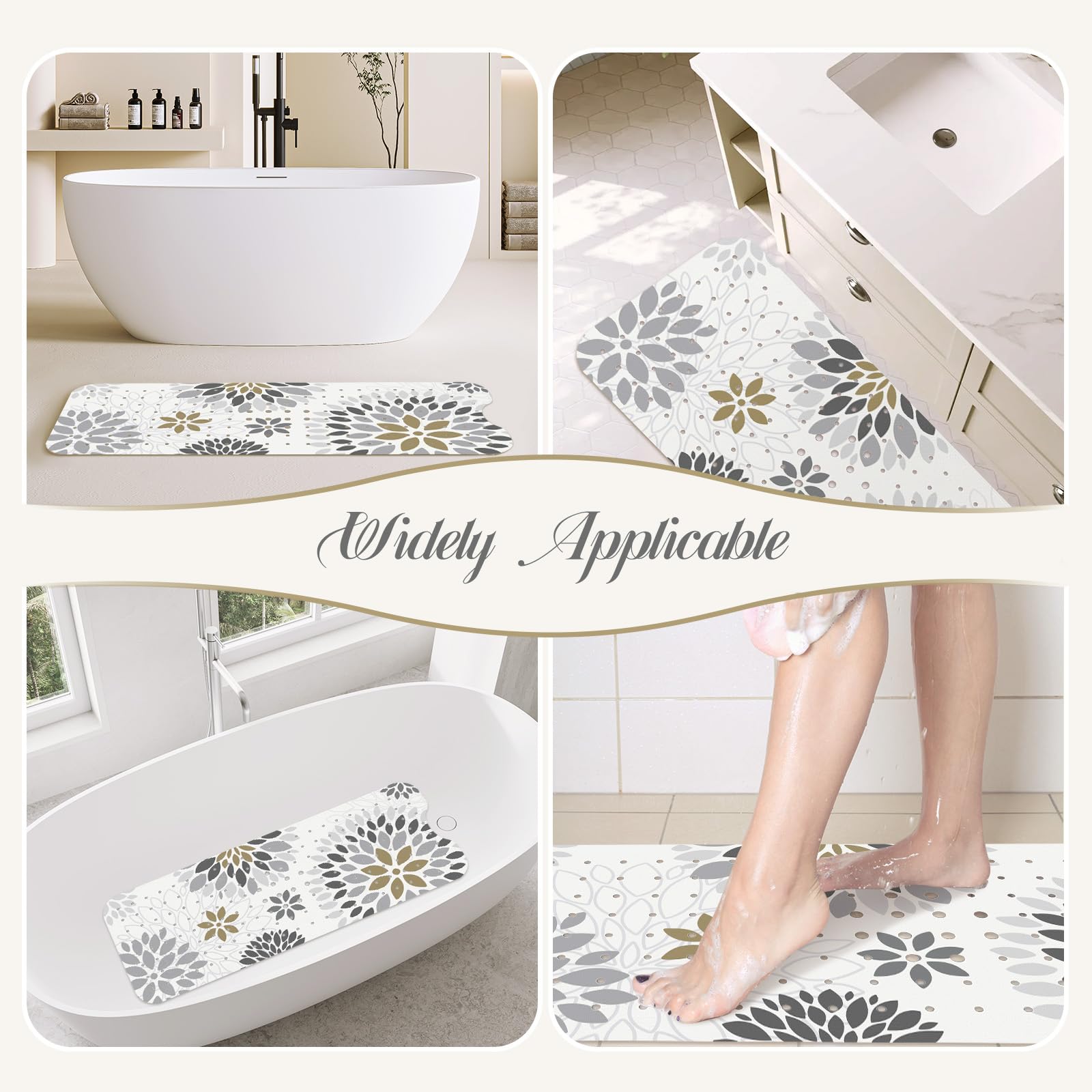 SHUCHING Tapis de Bain Antidérapant pour Adultes, Tapis de Baignoire Antidérapant 100 x 40cm, Tapis de Douche sans BPA Lavable en Machine et Résistant à la Moisissure, Fleurs Grises