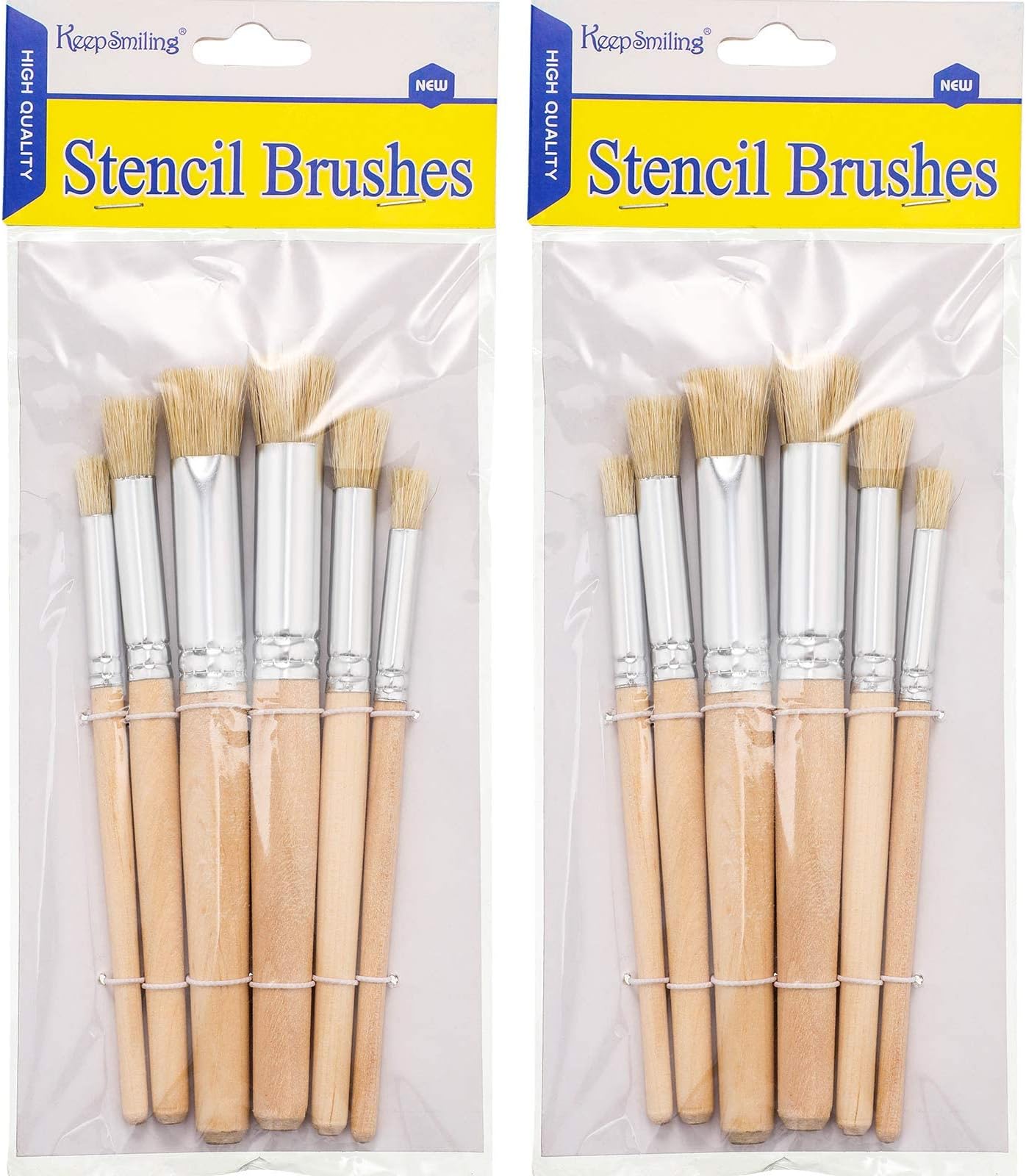 Wooden Stencil Brushes Natural Stencil Bristle Dome Art Painting Brushes Wood Paint Template Brush for Acrylic Oil Watercolor Art Painting DIY Crafts Card Making Supplies, 3 Sizes(12 Pieces)