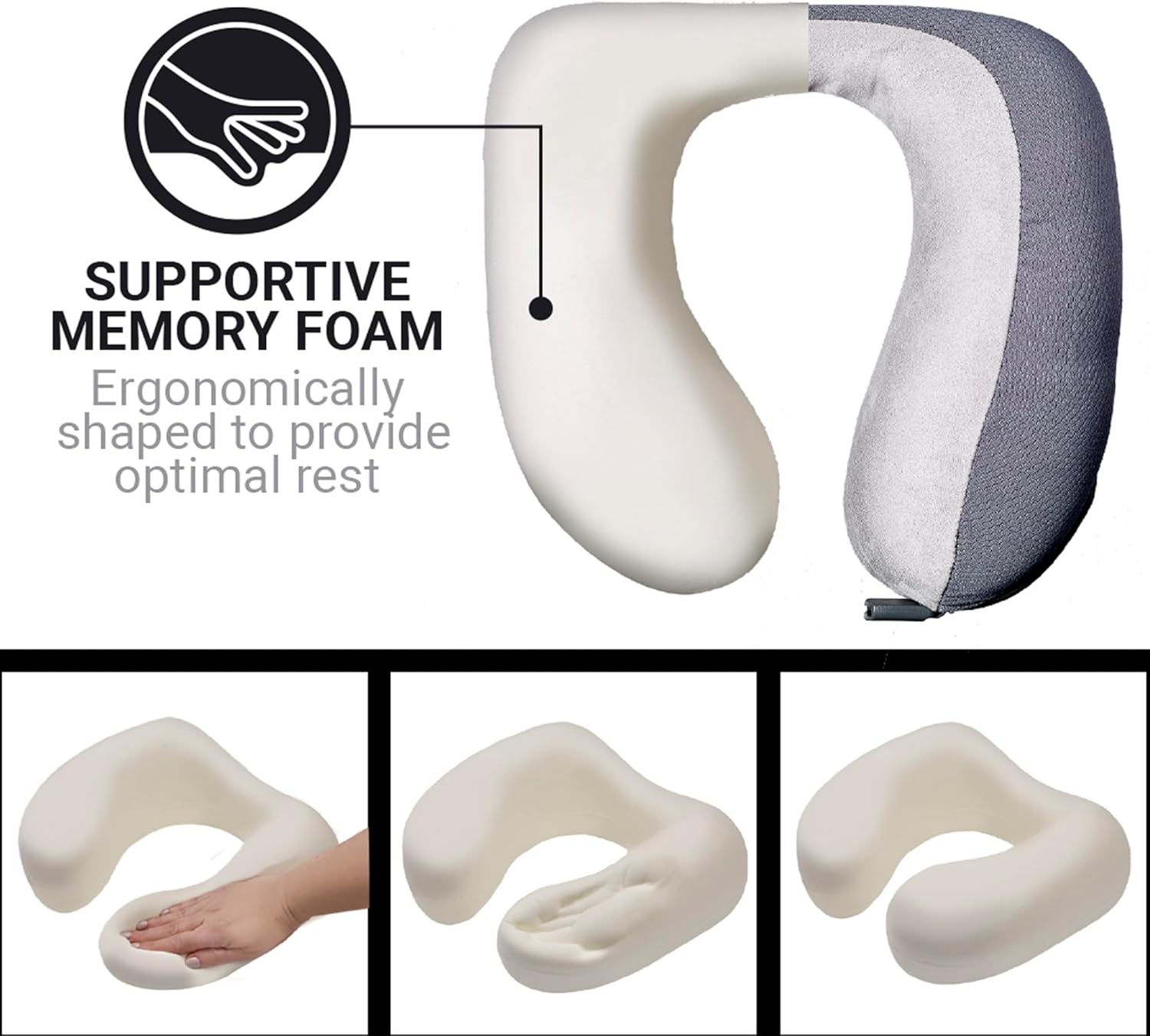 American Dreamer, Deluxe Travel Pillow, Comfortable Memory Foam Neck Pillow for Uninterrupted Sleep, Ideal for Airplane, Bus, Car, and Train, Travel Essentials, Made in USA, Gray
