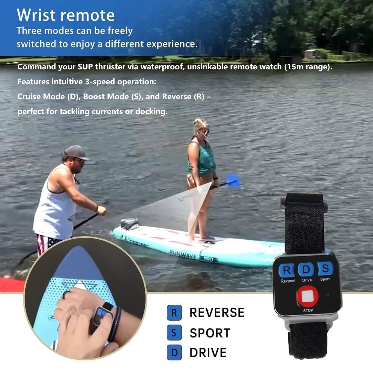 Pinne elettriche per SUP, motore elettrico per kayak gonfiabile, con contenitore, elic*a di ricambio, telecomando da polso, batteria da 288 Wh, 3-6 km/h, autonomia massima di 20 km, plug-and-play.