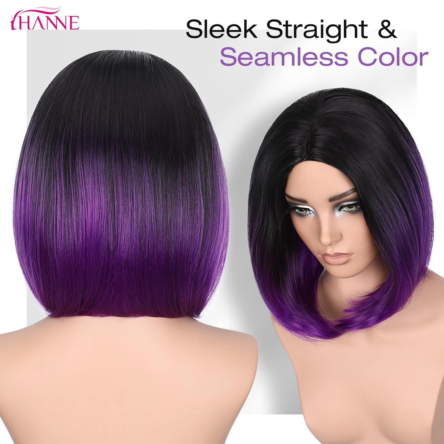 HANNE Ombre Purple Bob Wig Short Straight Bob Wig Heat Resistant Synthetic Hair Wigs for Black Women Halloween Rumi Cosplay Wigs (Black to Purple)