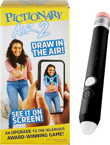 Mattel Games Pictionary Air 2 Juego familiar para niños y adultos con exclusivo bolígrafo de luz de color negro y paquetes de pistas digitales