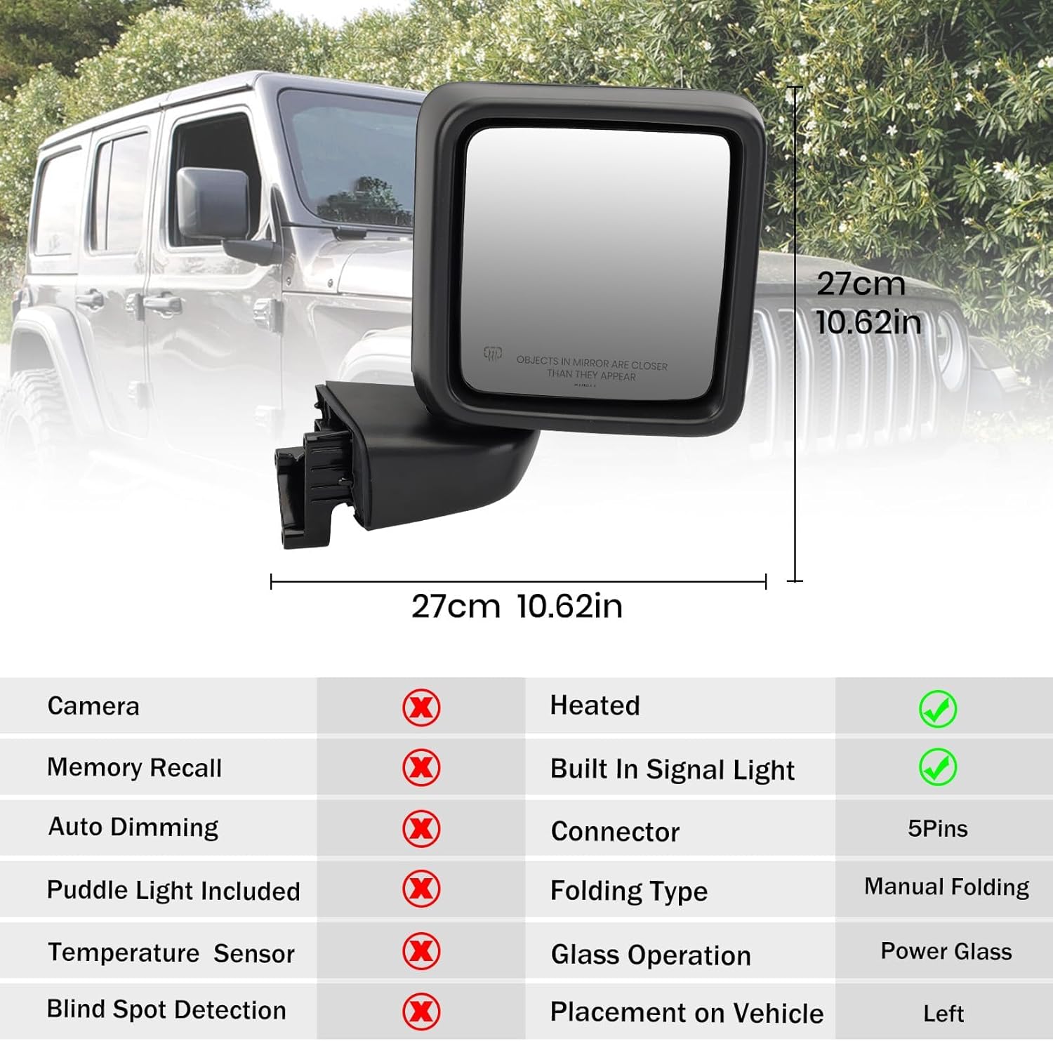 Right Passenger Side Mirror Compatible with 2018-2023 Jeep Wrangler JL and 2020-2023 Jeep Gladiator JT Rear View Mirror with Heated, Manual Folding, Power Glass, Replace 68281890AE 68281890AB, 5 Pins