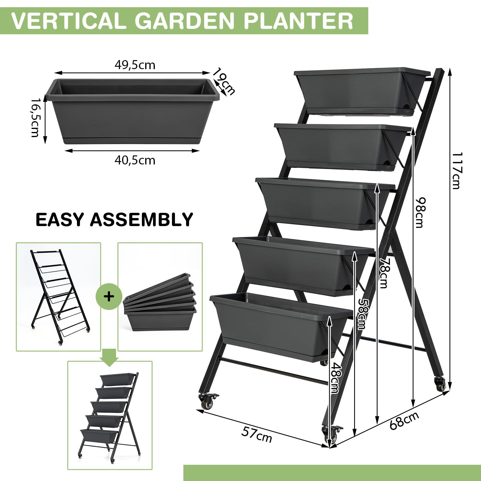 HOMASIS Vertikales Hochbeet mit 5 Etagen, Blumenbeet mit 5 Pflanzkästen, Vertikalbeet mit Rollen, Blumentreppe aus Metall, Gemüsebeet Blumenkasten für Balkon Garten (Schwarz, 57 x 68 x 117 cm)