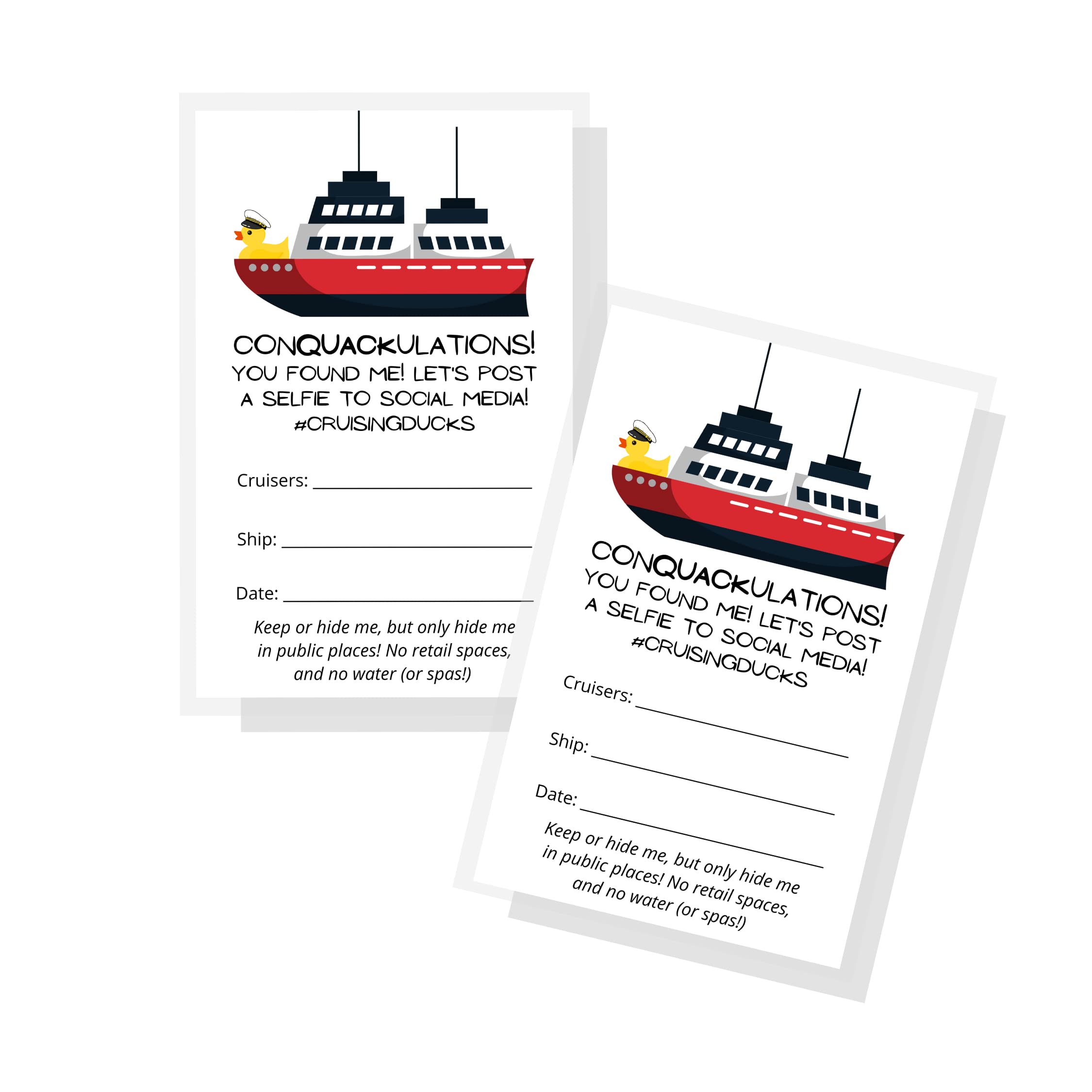 Amazon.com : Boutique Marketing Cruising Ducks Tag | 50 Pack | Carnival  Rubber Cruising Duck Tag | Printed Physical Tags 2 x 3inch inches |  CruisingDucks ConQuackulations : Office Products