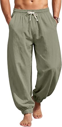 Mens Cotton Linen Pants Casual Lantern Pants Summer Elastic Waist Jogger Yoga Trousers with Pockets